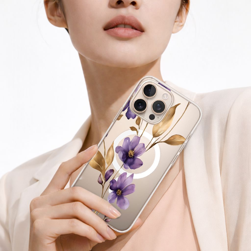 MagSafe iPhone 16 Pro Max Purple Wildflower Clear Case