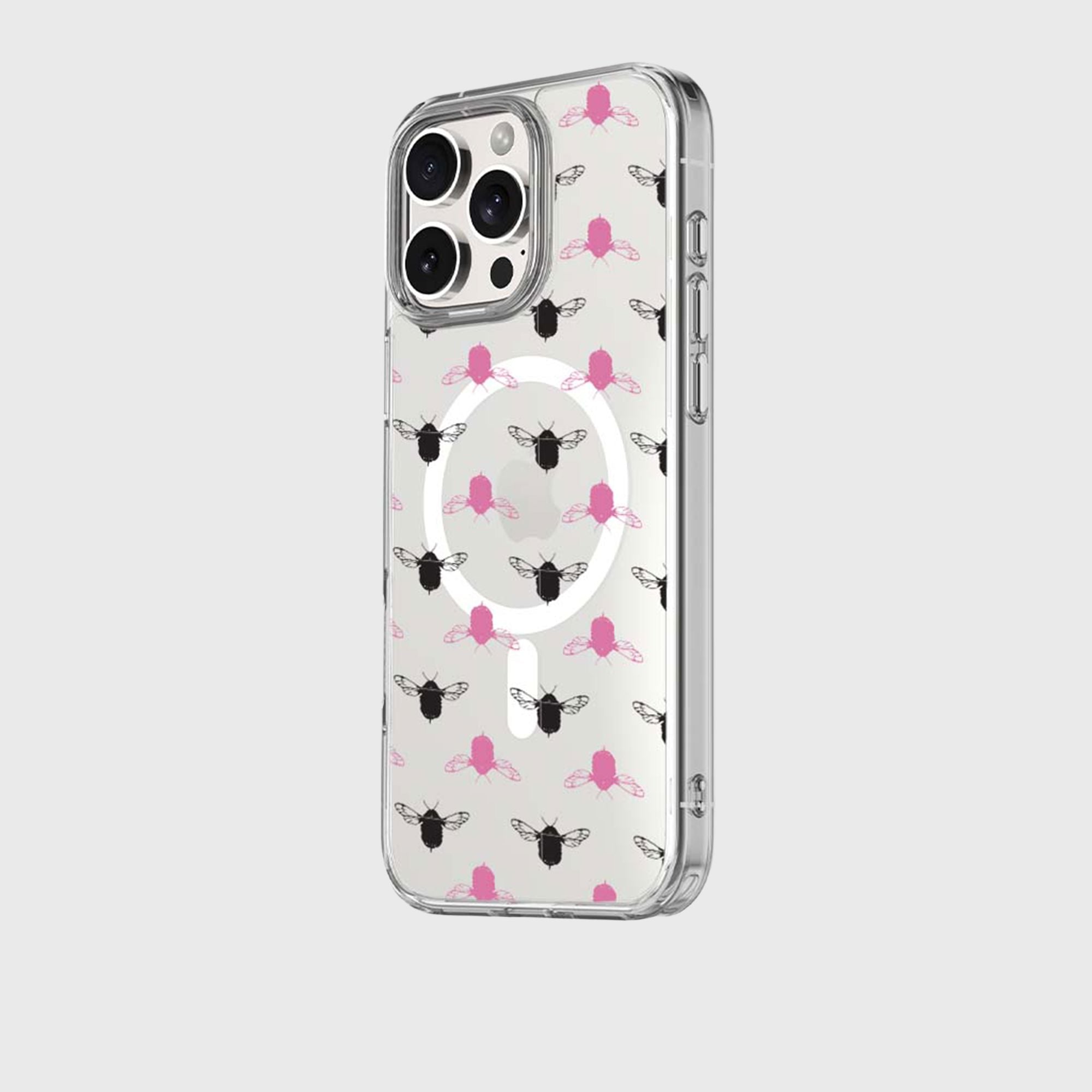 iPhone 15 Pro Clear Case - Black and Pink Bumble Design