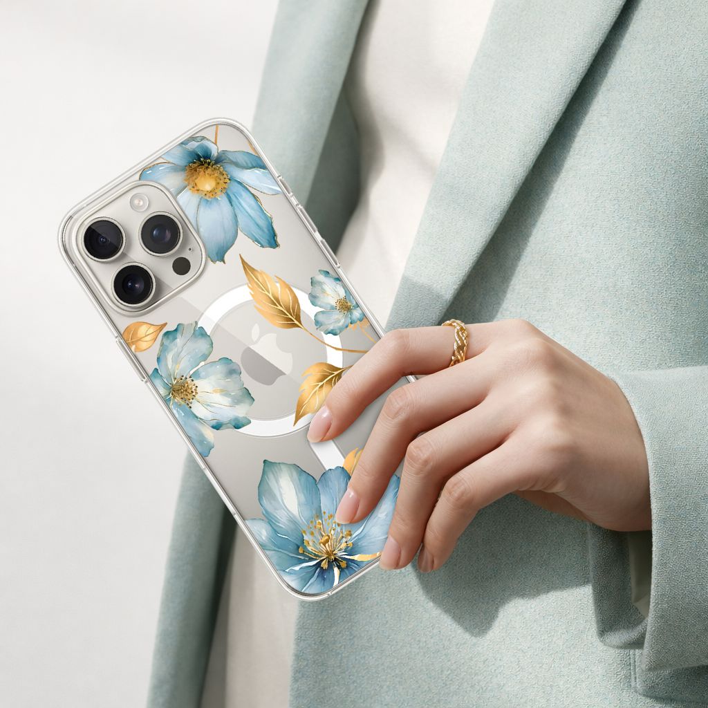 MagSafe iPhone 16 Pro Max Blue Wildflower Clear Case