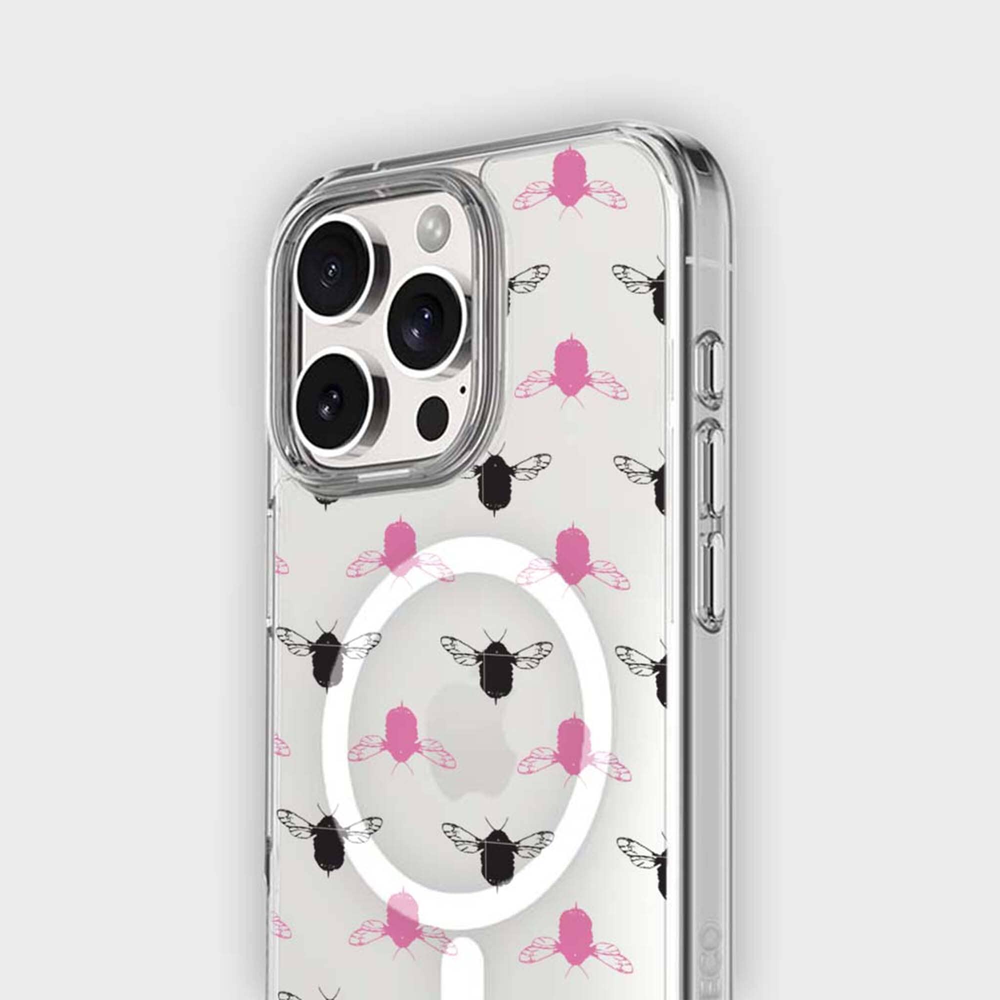 iPhone 15 Pro Clear Case - Black and Pink Bumble Design