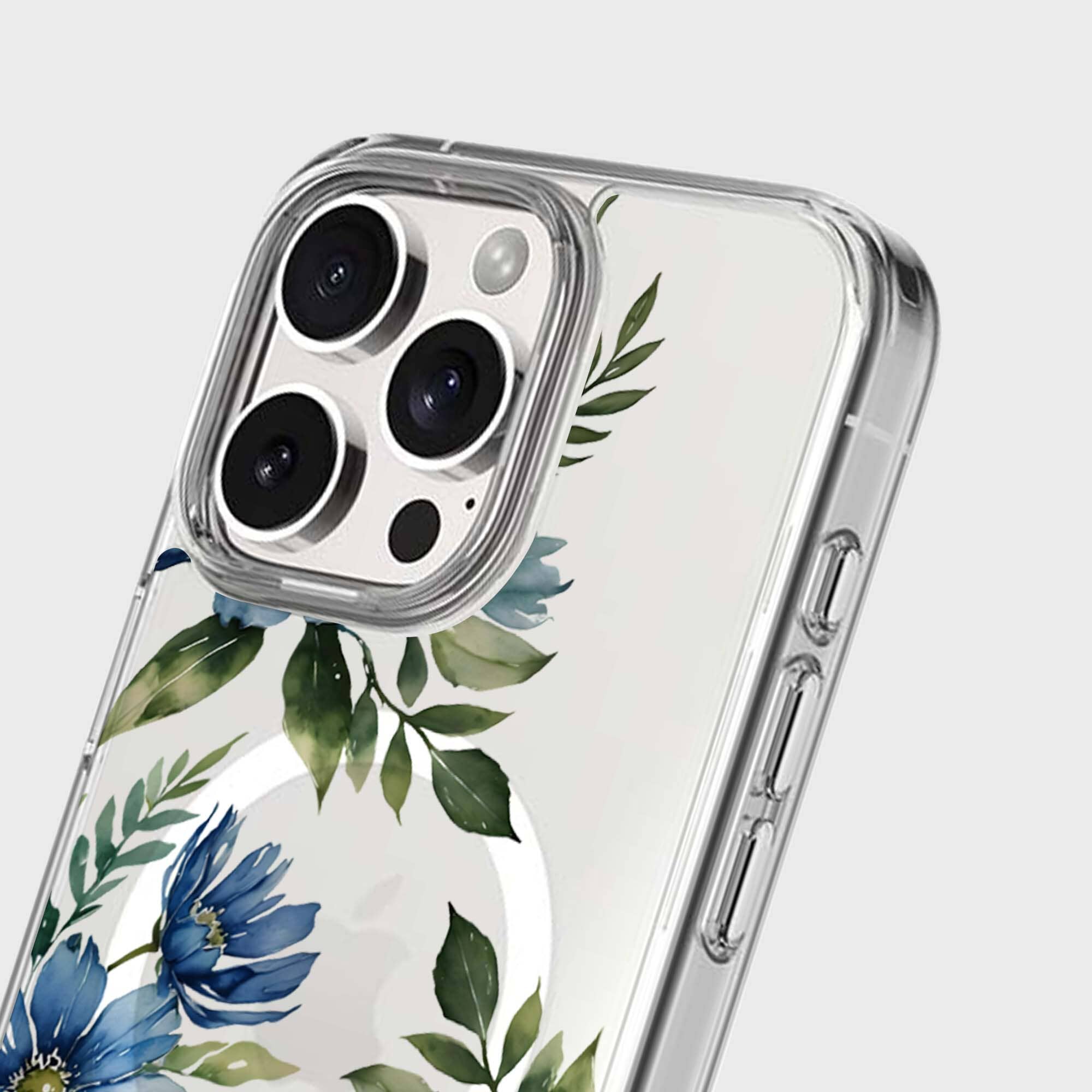 MagSafe iPhone 16 Pro Max Blue Floral Clear Case