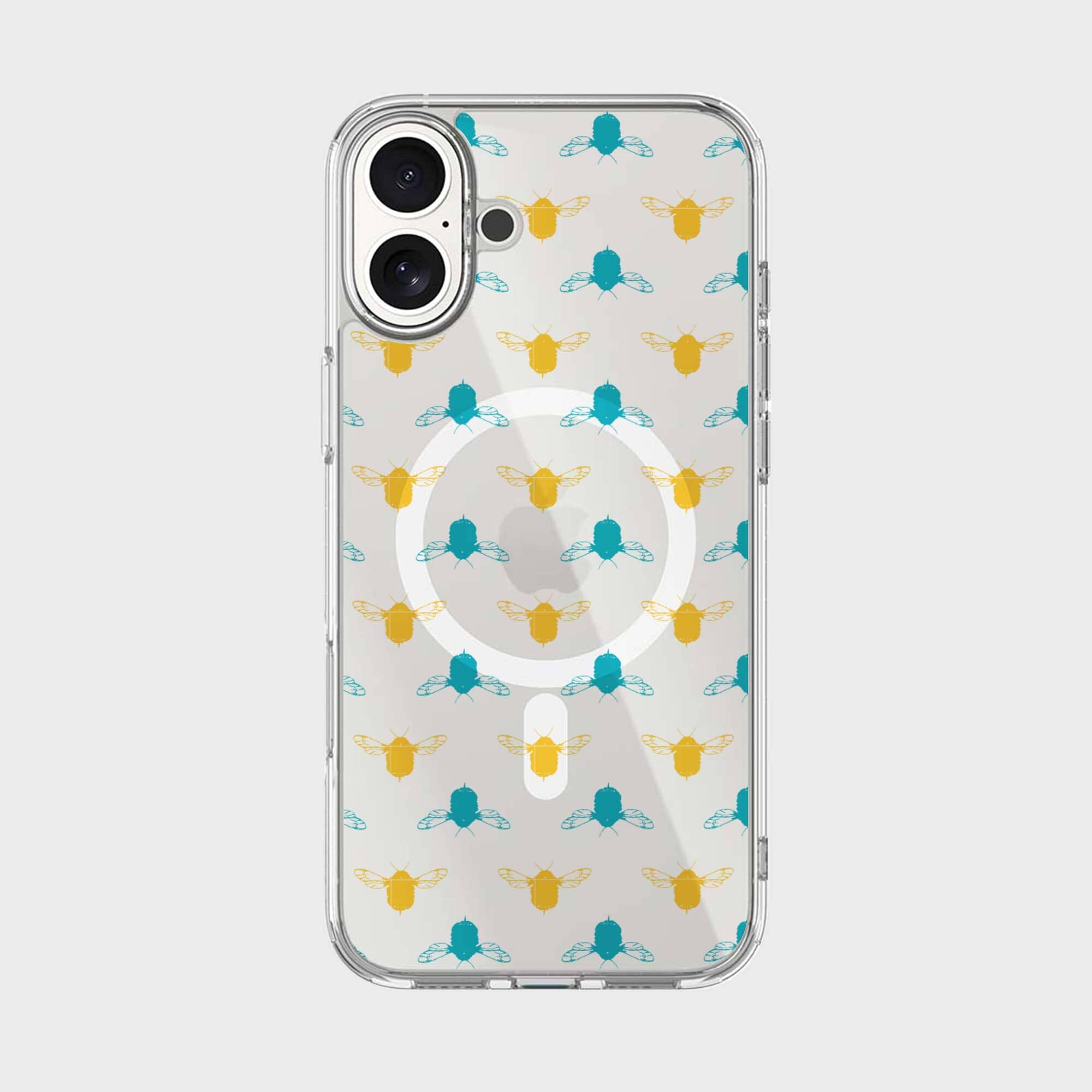 iPhone 16 Clear Case - Blue and Yellow Bumble Design