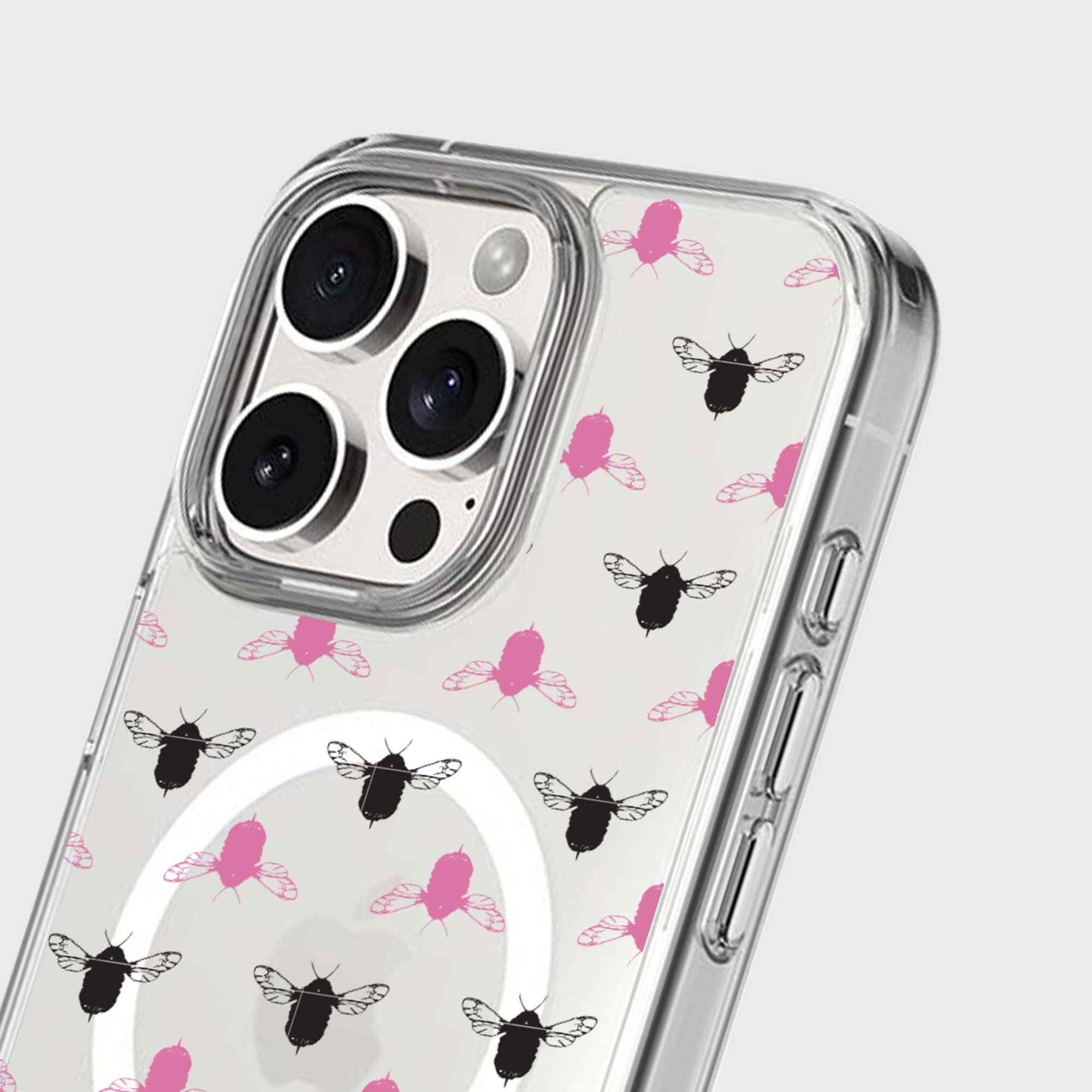 iPhone 16 Pro Max Clear Case - Black and Pink Bumble Design