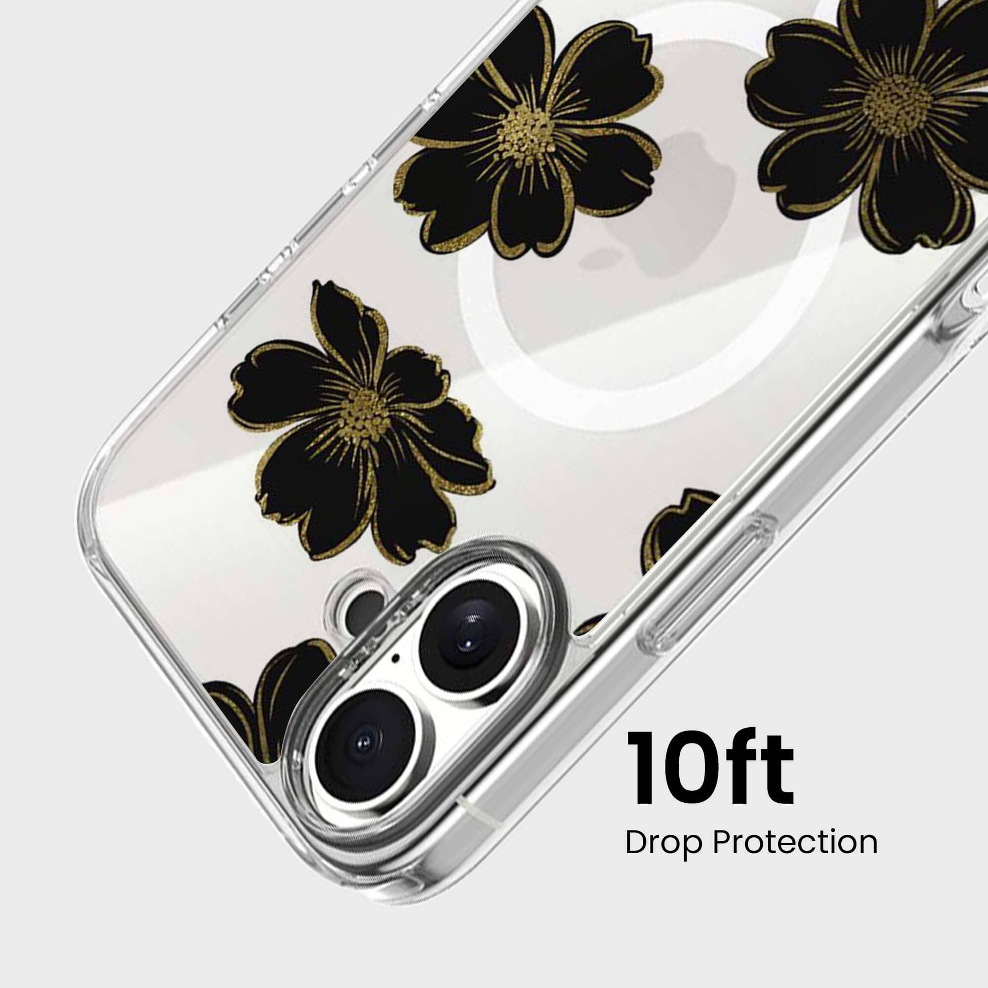 MagSafe iPhone 16 Black Flower Clear Case
