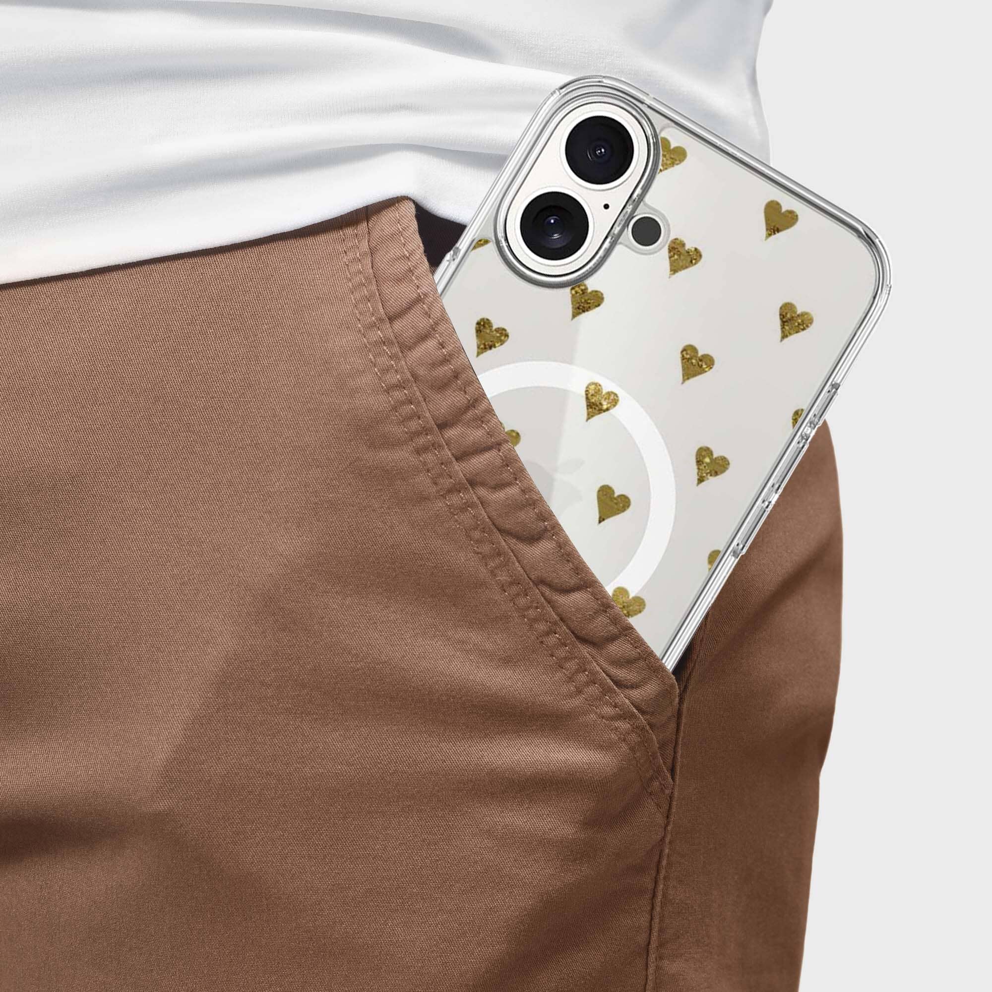 MagSafe iPhone 16 Gold Hearts Clear Case