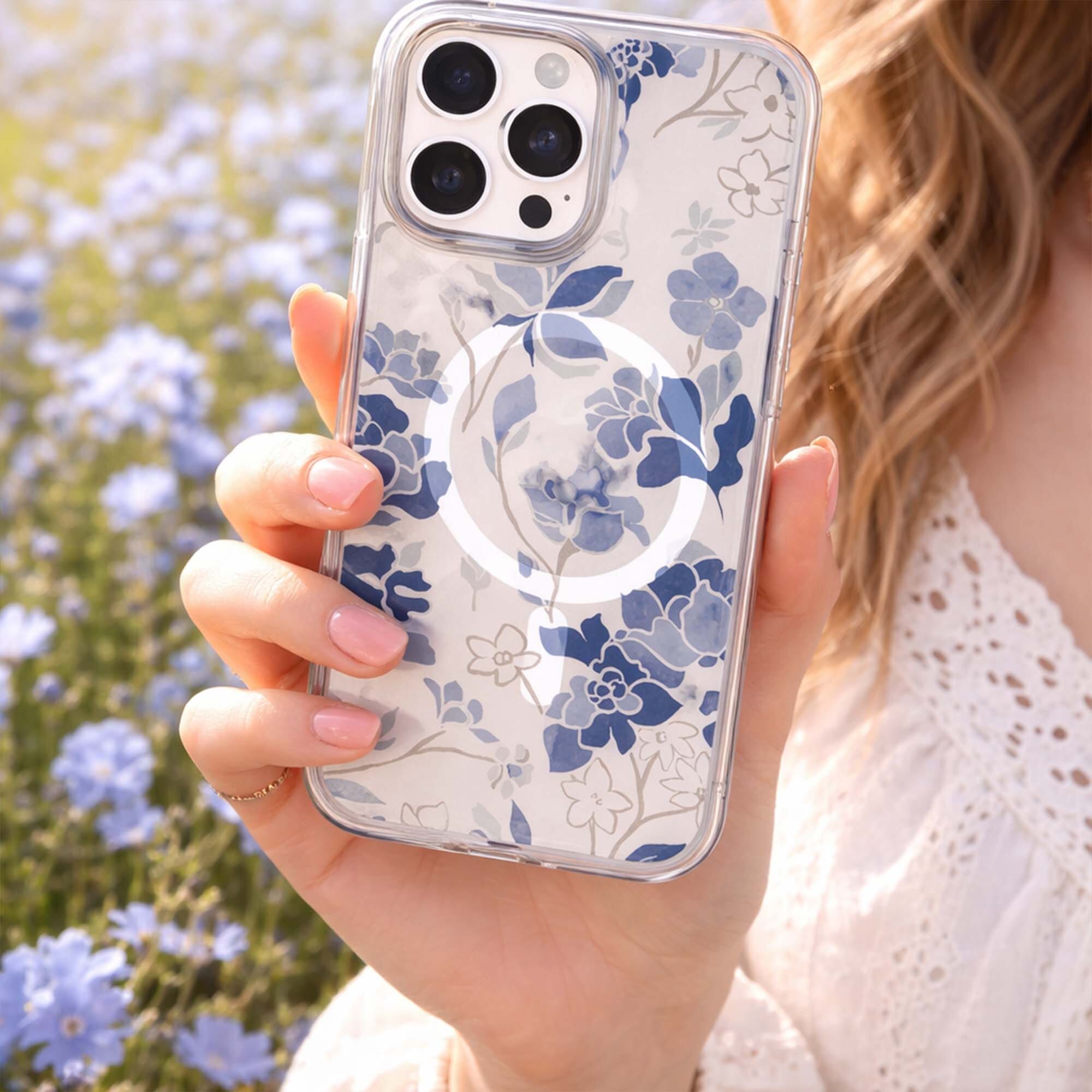 MagSafe iPhone 16 Pro Max Blue Pattern Clear Case