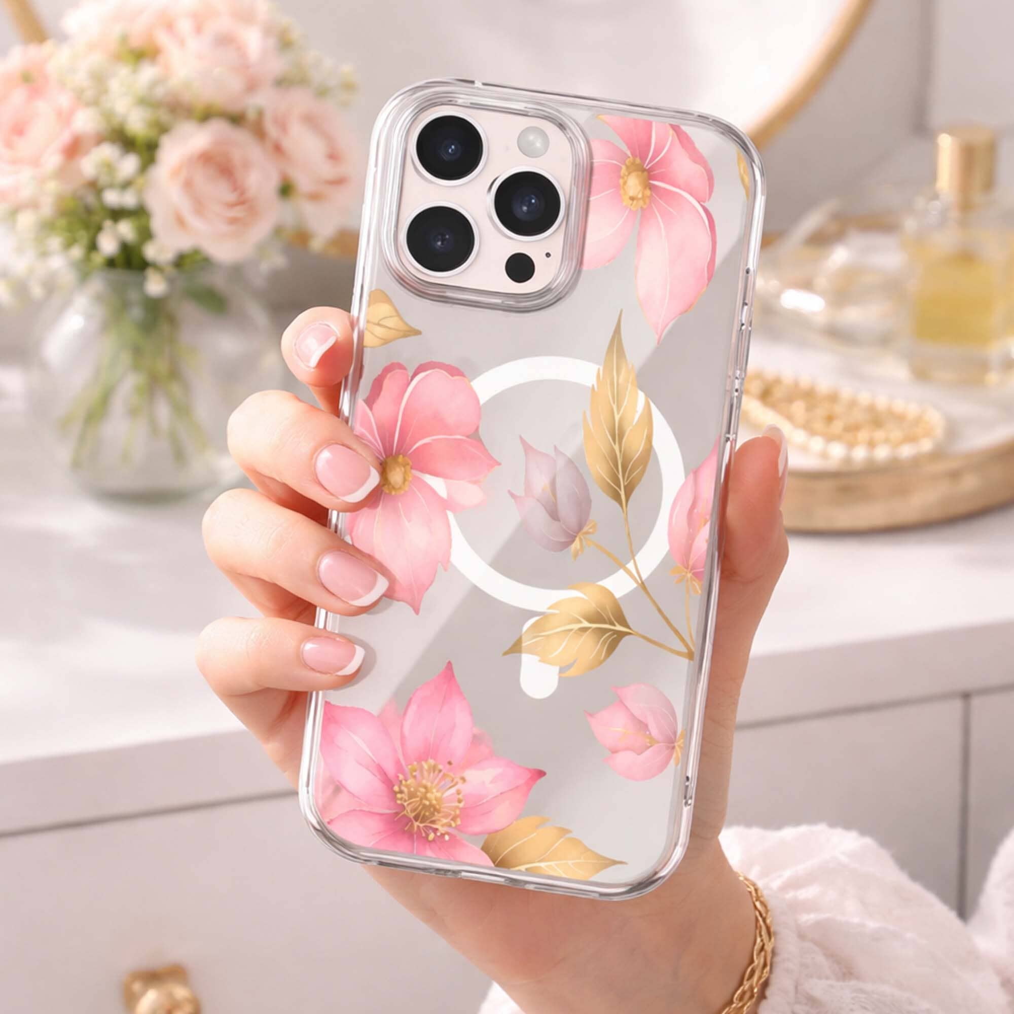 MagSafe iPhone 16 Pro Pink Wildflower Clear Case