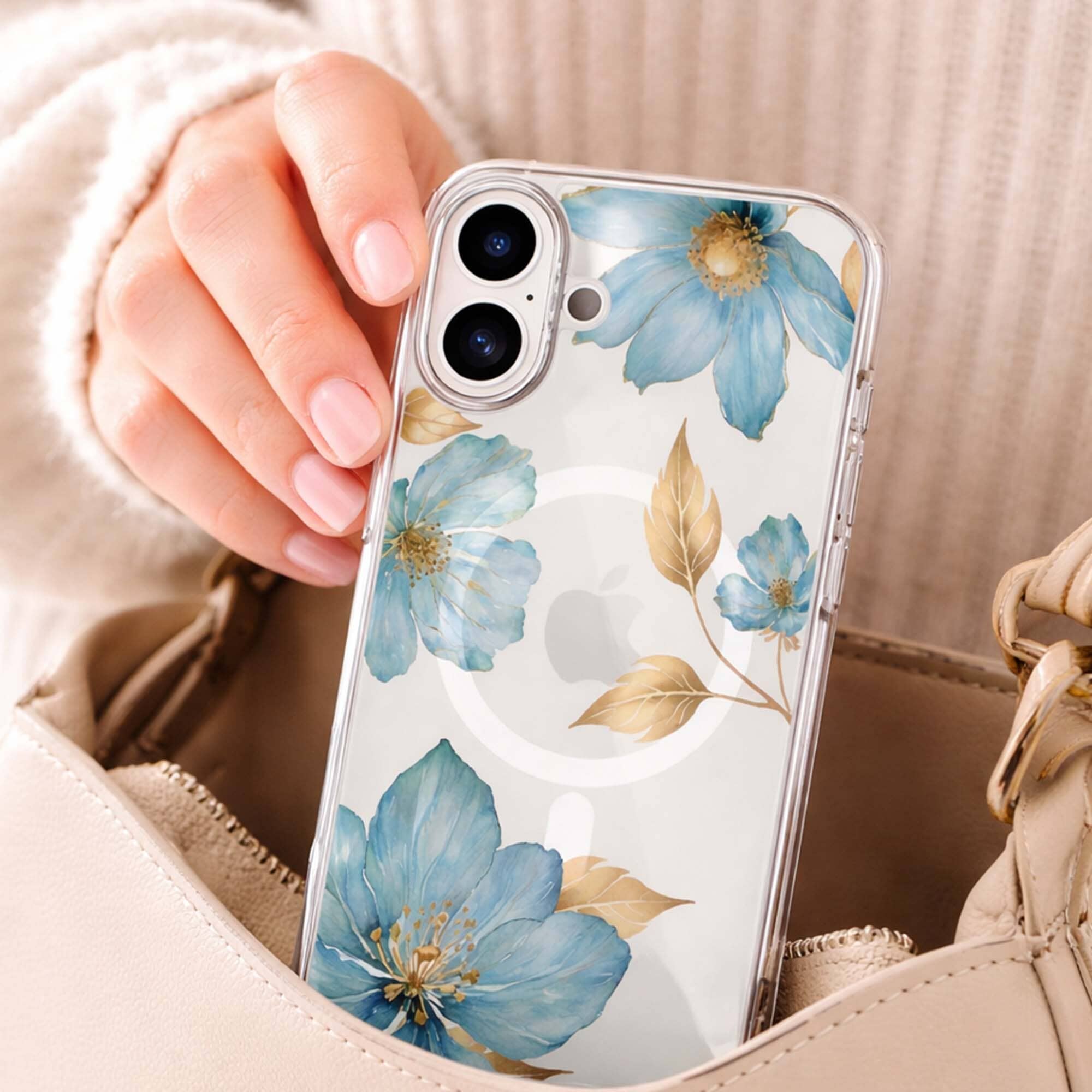 MagSafe iPhone 16 Blue Wildflower Clear Case