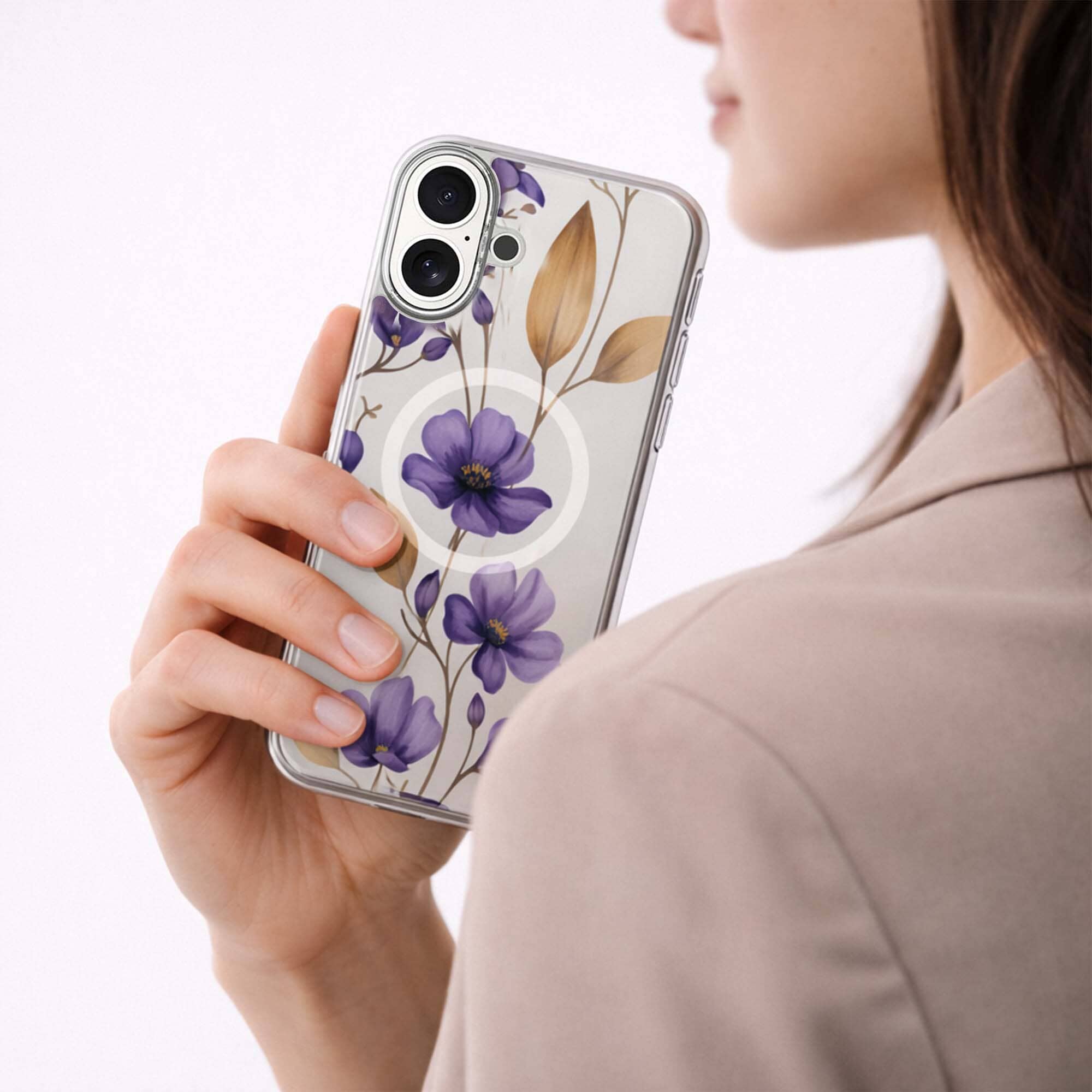 MagSafe iPhone 16 Purple Wildflower Clear Case