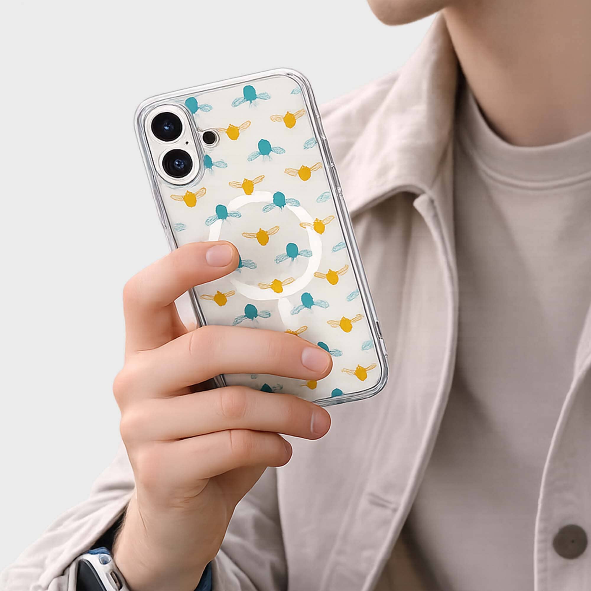 iPhone 16 Clear Case - Blue and Yellow Bumble Design