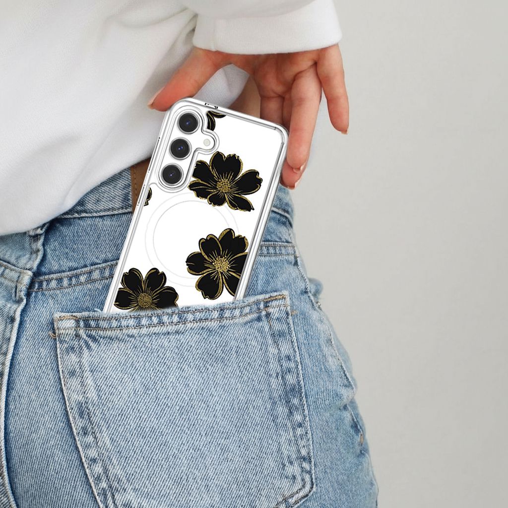 Samsung Galaxy S25 Black Flower Clear Case