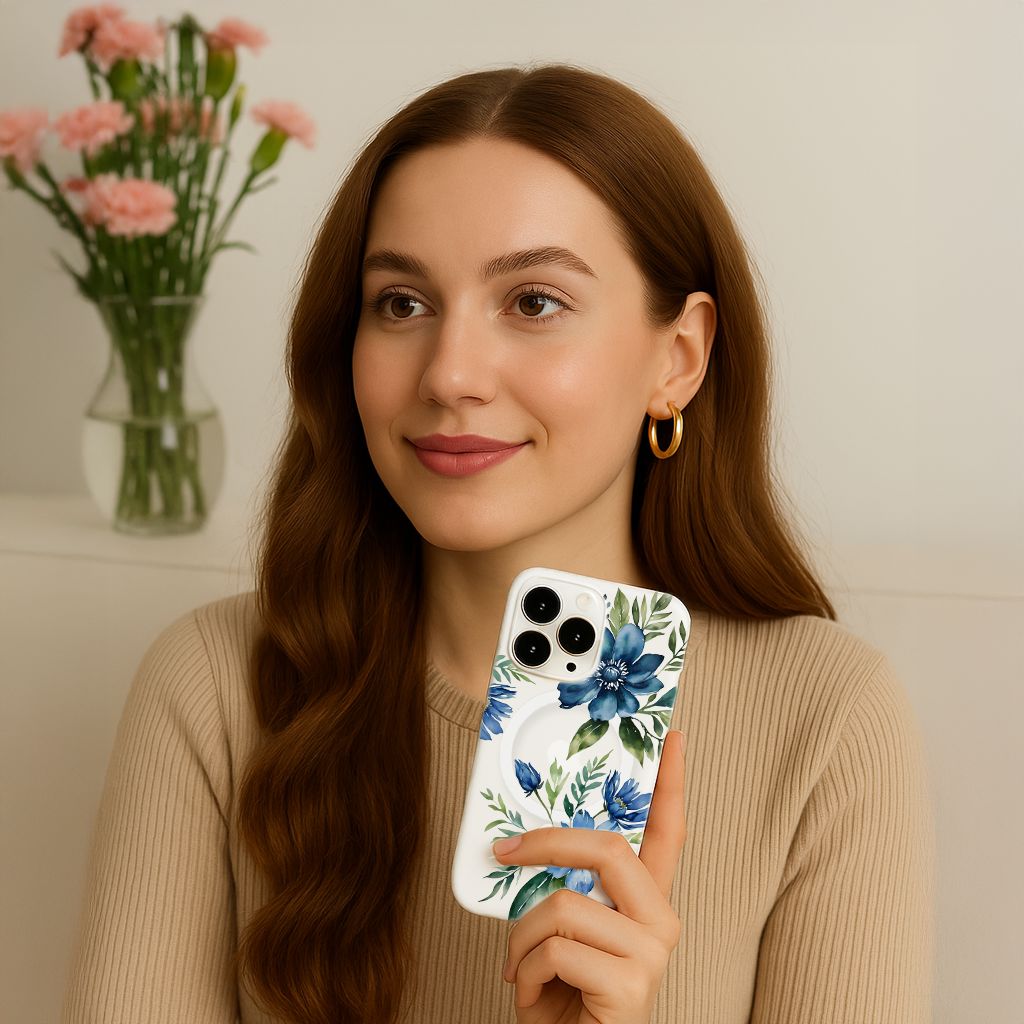MagSafe iPhone 15 Blue Floral Clear Case