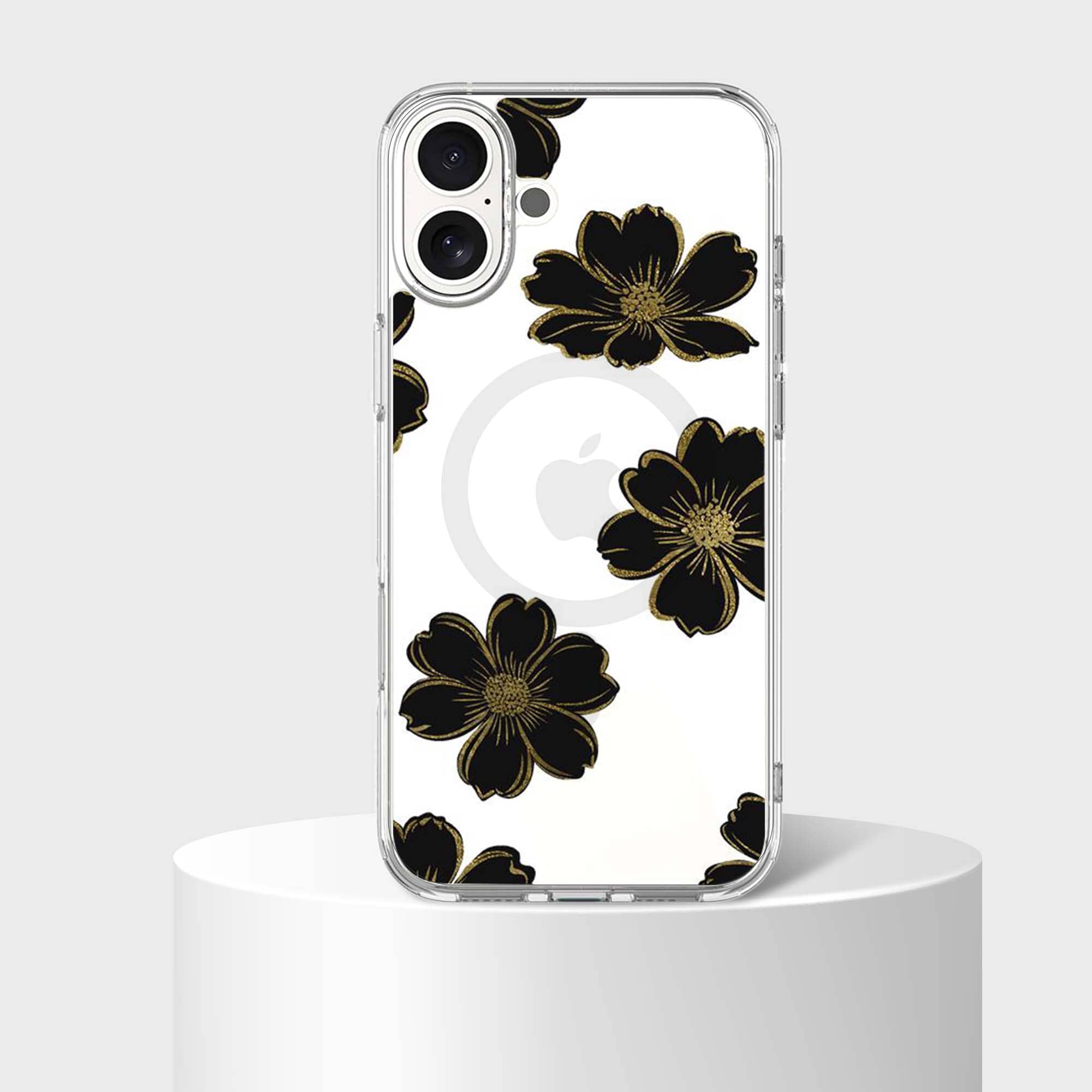 MagSafe iPhone 16 Black Flower Clear Case