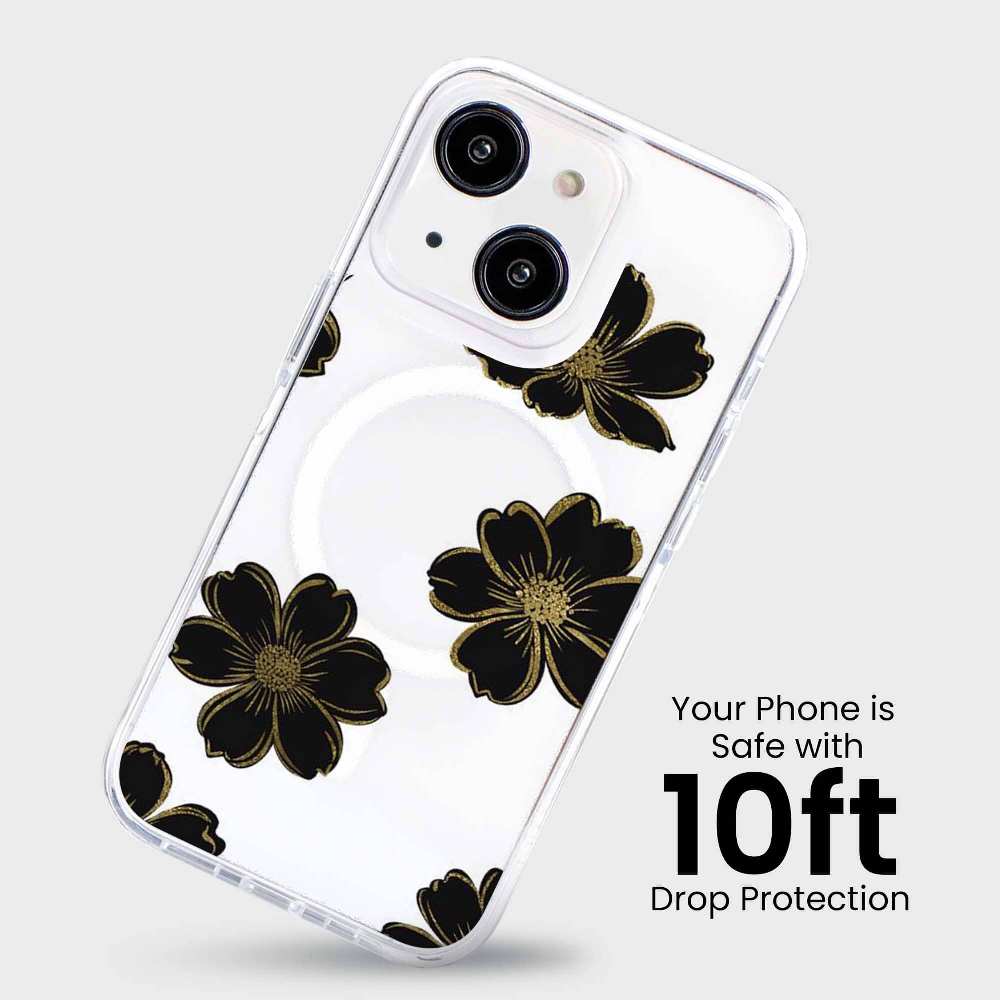 MagSafe iPhone 15 Black Flower Clear Case