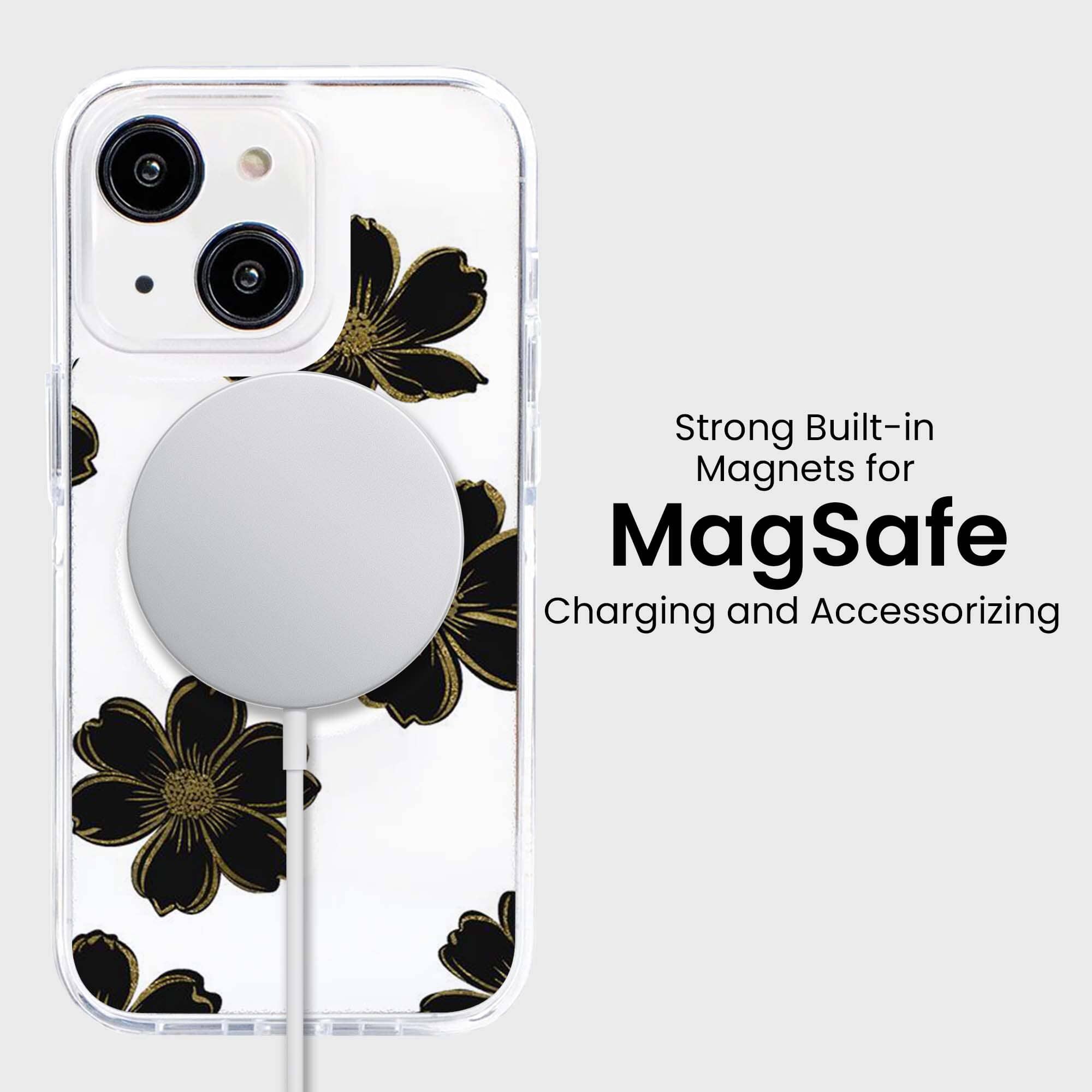 MagSafe iPhone 15 Black Flower Clear Case