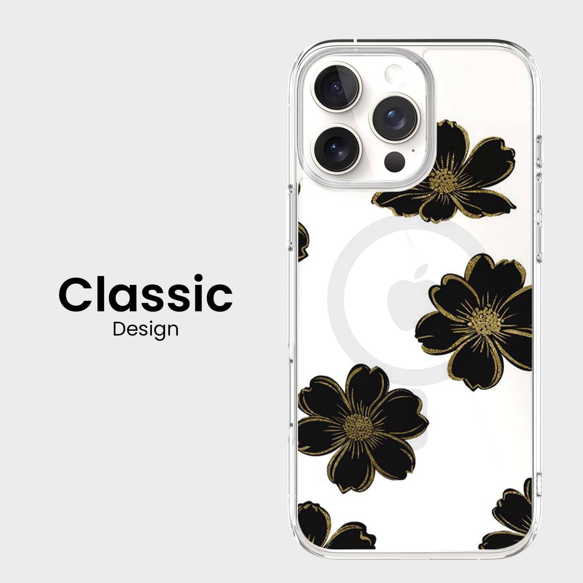 MagSafe iPhone 16 Pro Black Flower Clear Case