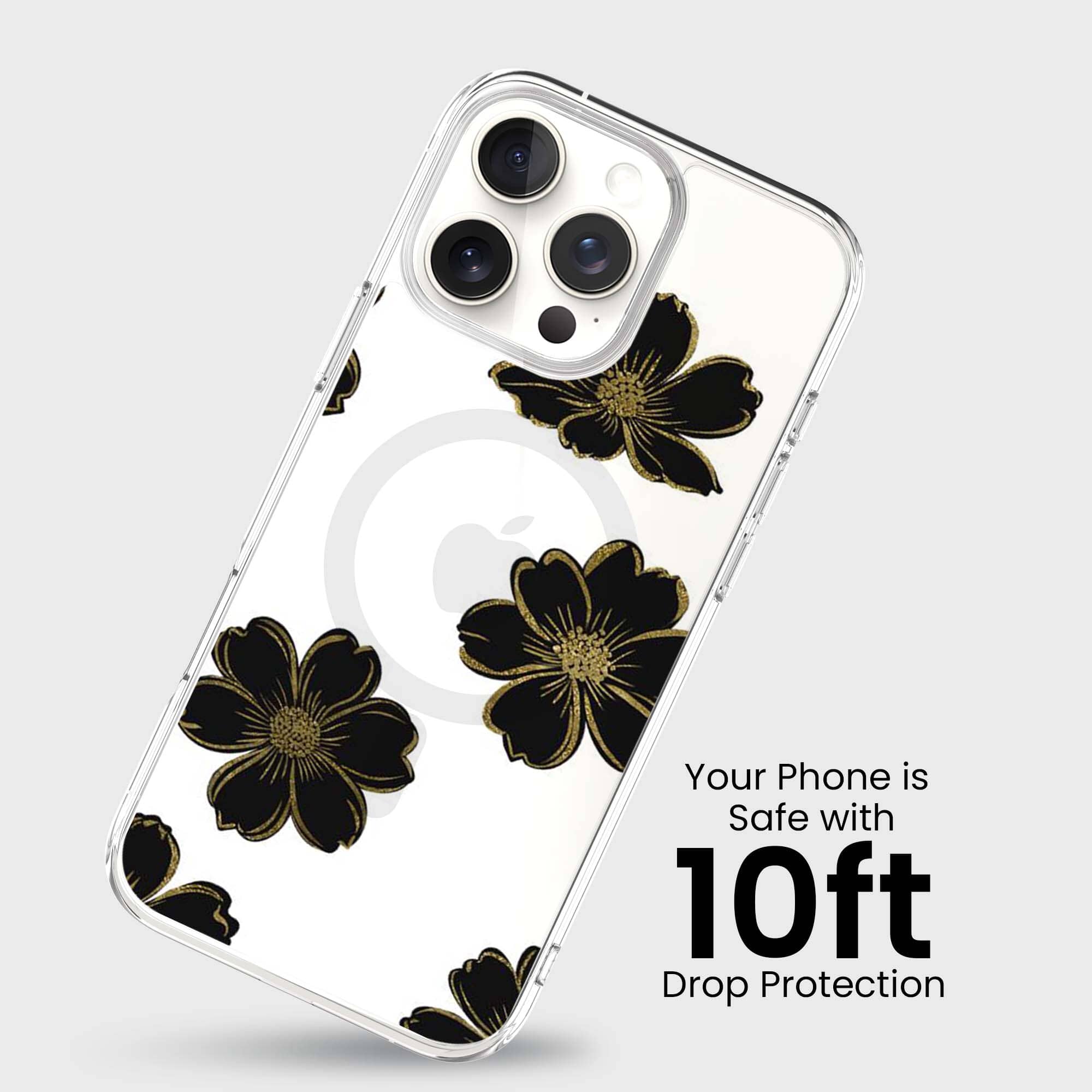 MagSafe iPhone 16 Pro Max Black Flower Clear Case