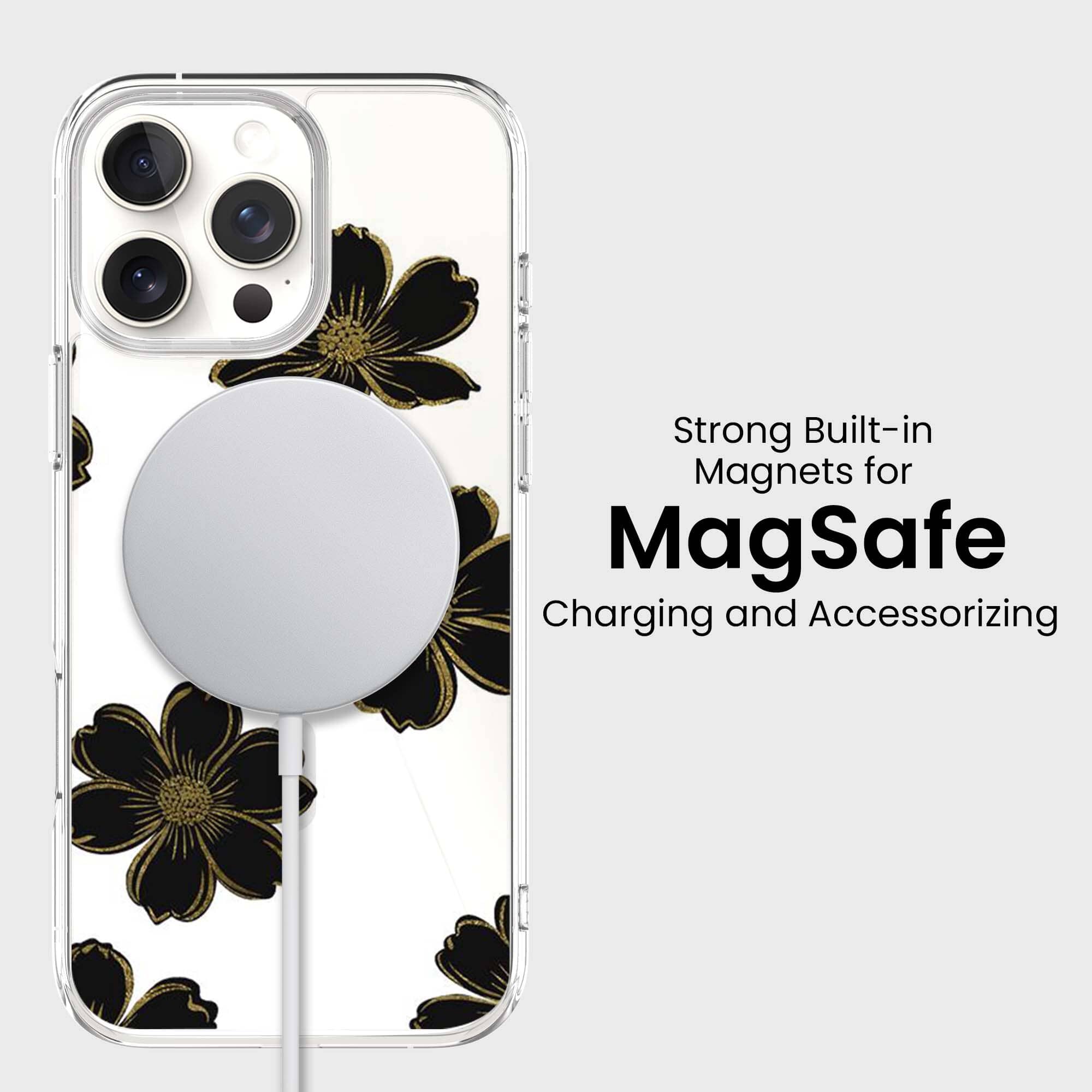 MagSafe iPhone 16 Pro Max Black Flower Clear Case