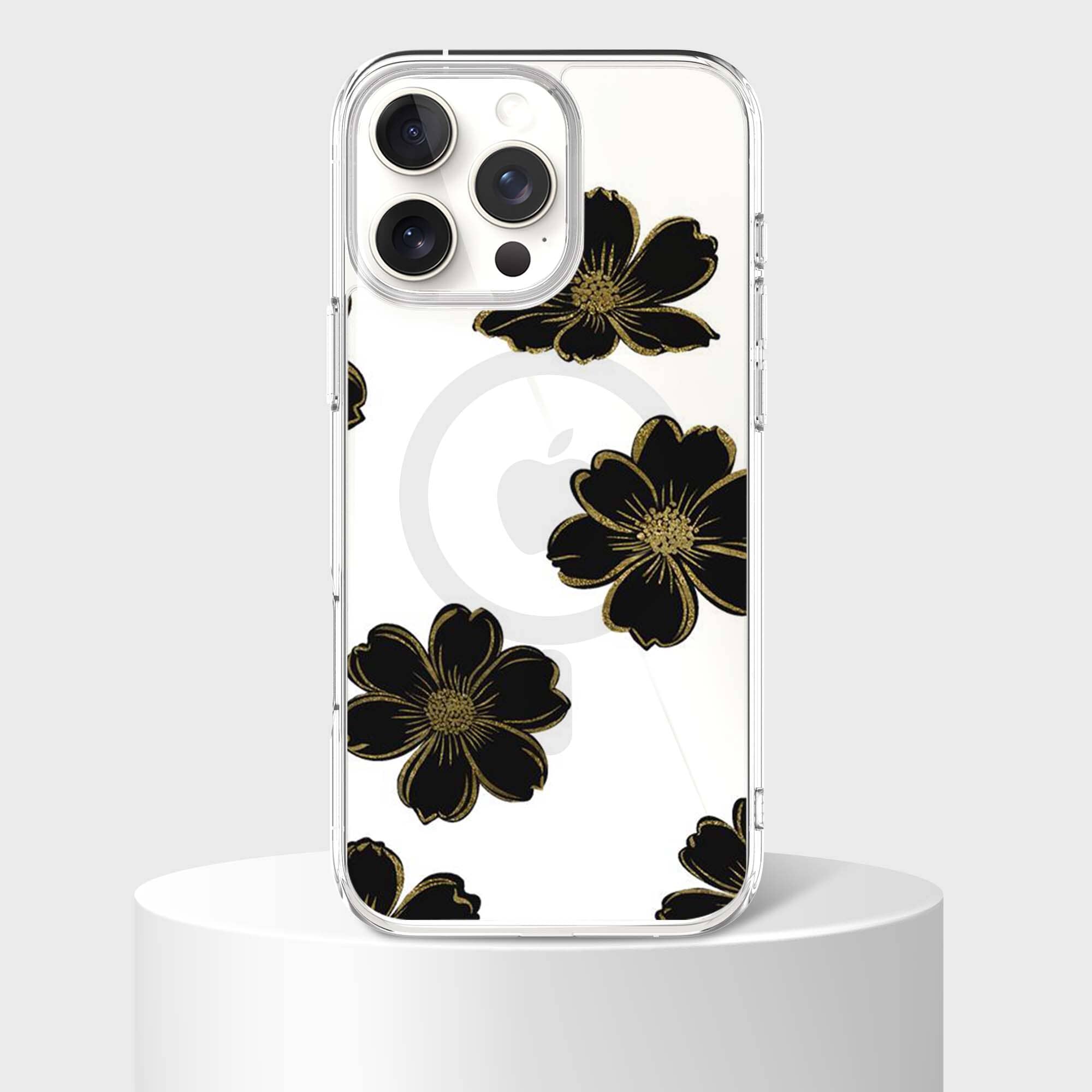 MagSafe iPhone 16 Pro Max Black Flower Clear Case