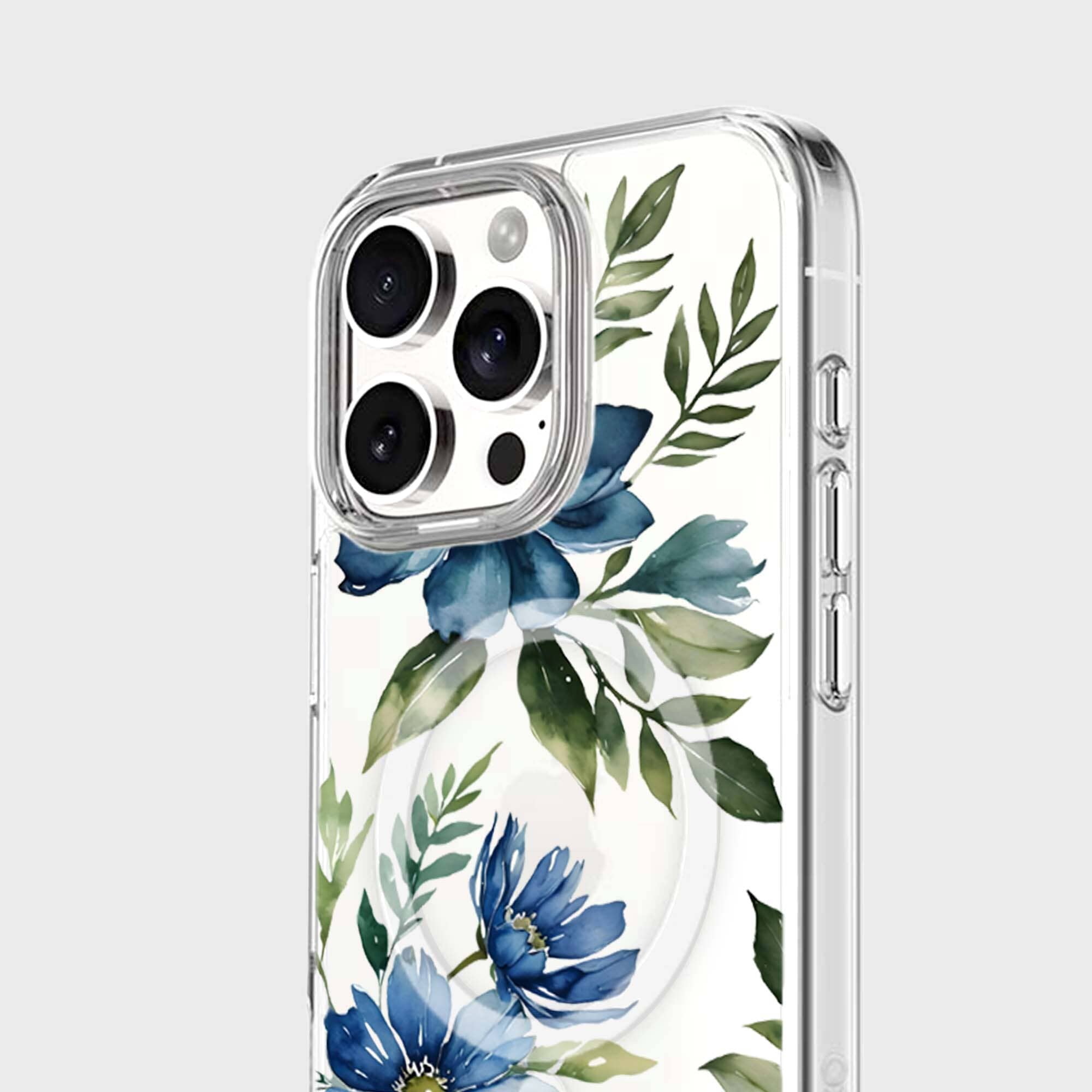 MagSafe iPhone 16 Pro Blue Floral Clear Case