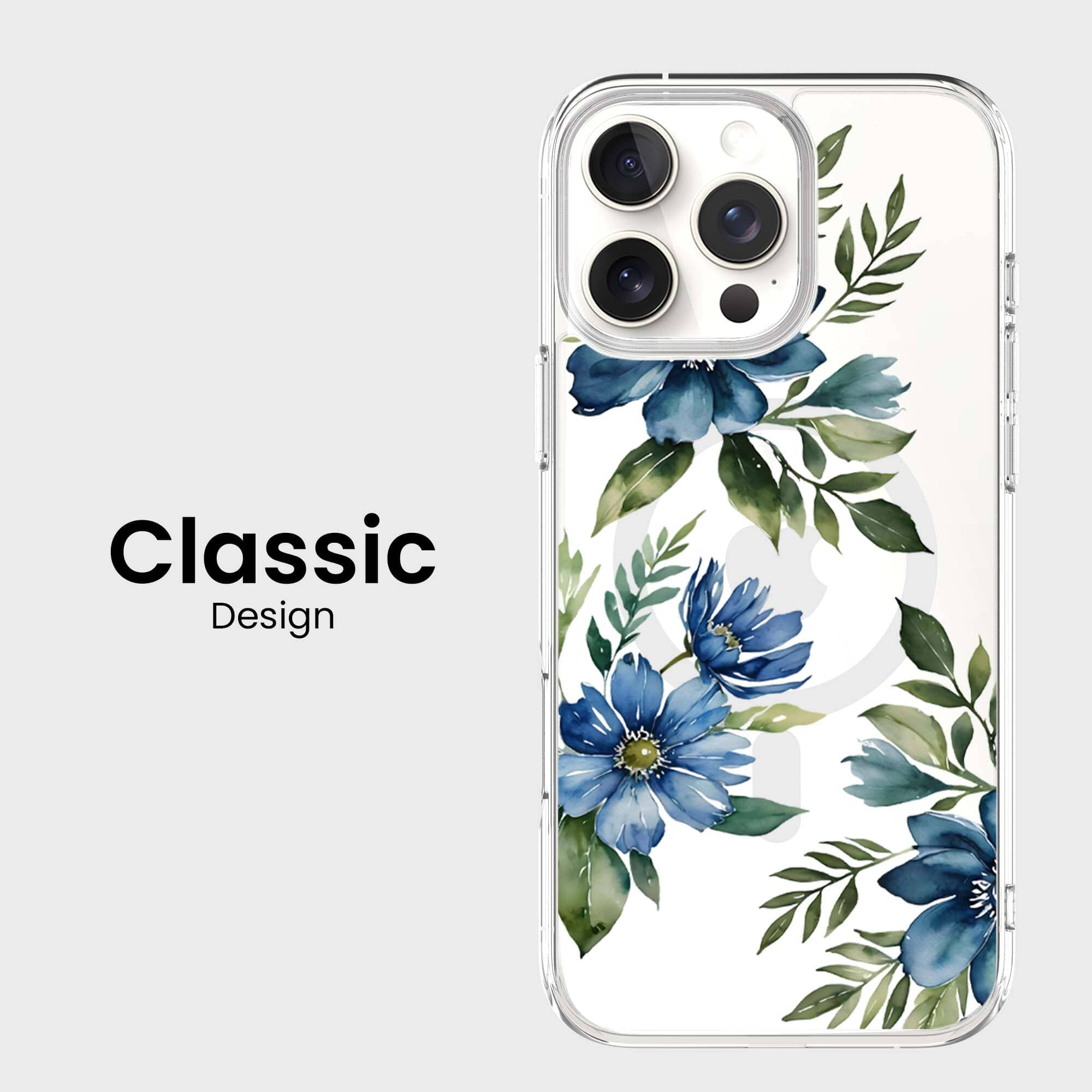 MagSafe iPhone 16 Pro Blue Floral Clear Case