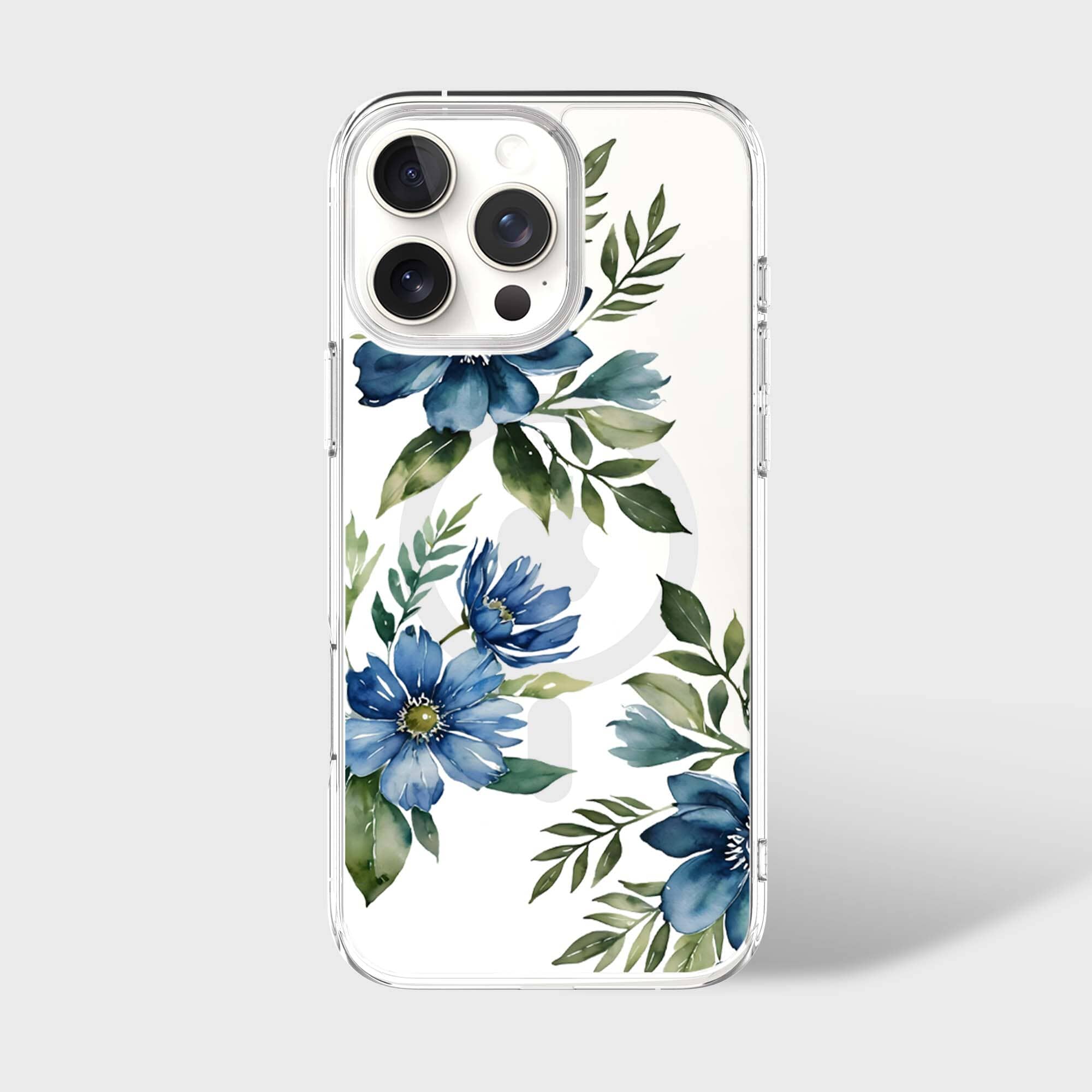 MagSafe iPhone 16 Pro Blue Floral Clear Case