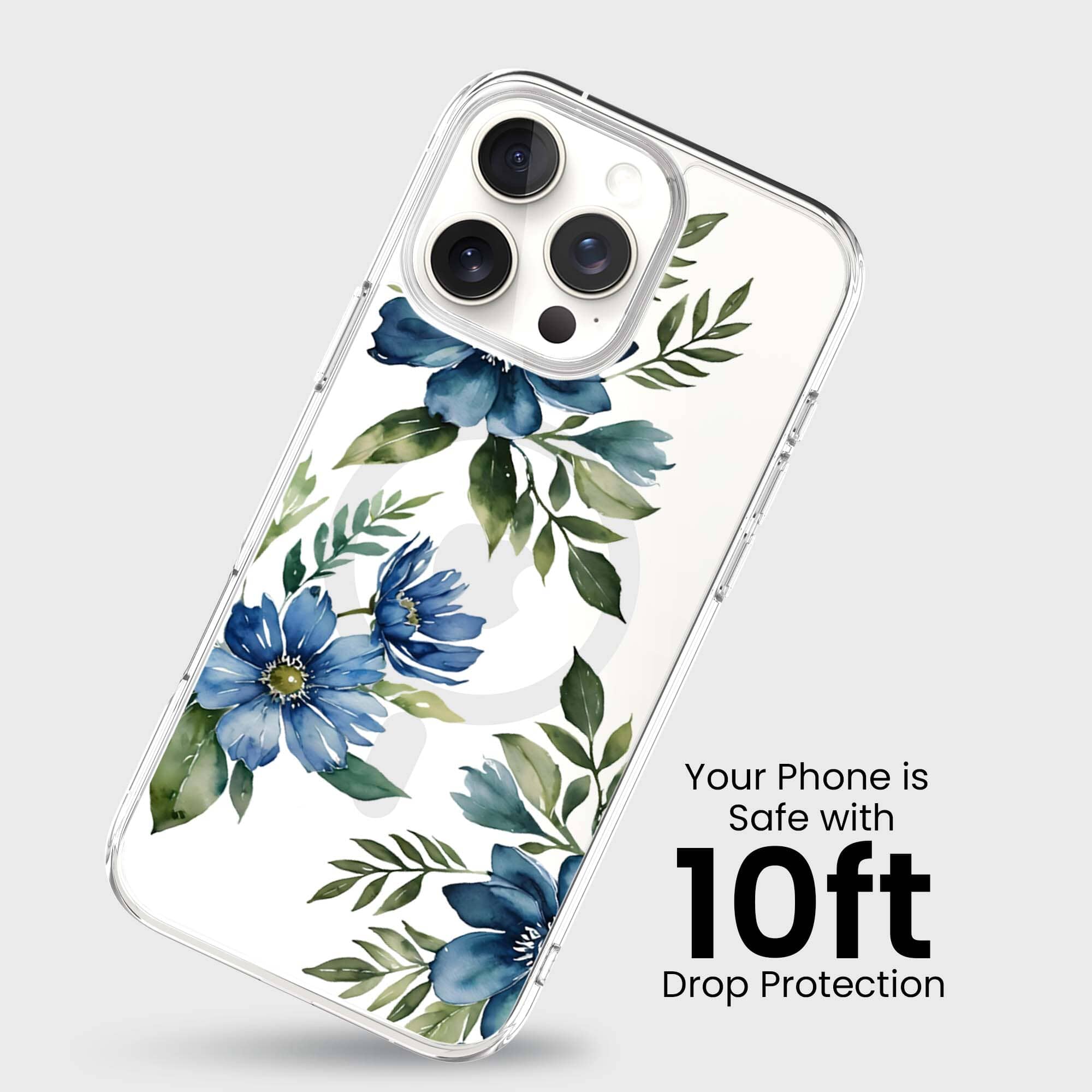 MagSafe iPhone 16 Pro Max Blue Floral Clear Case