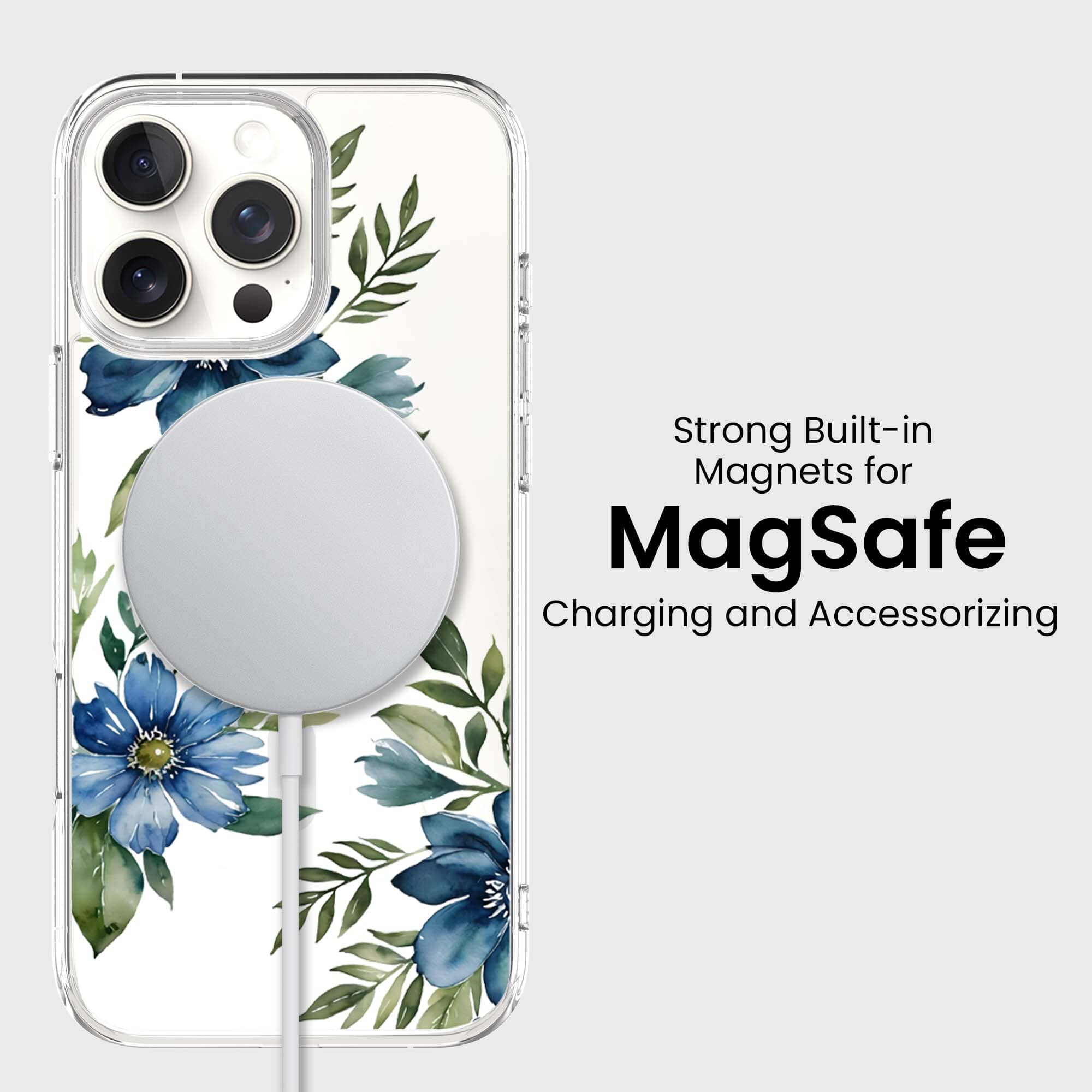 MagSafe iPhone 16 Pro Max Blue Floral Clear Case