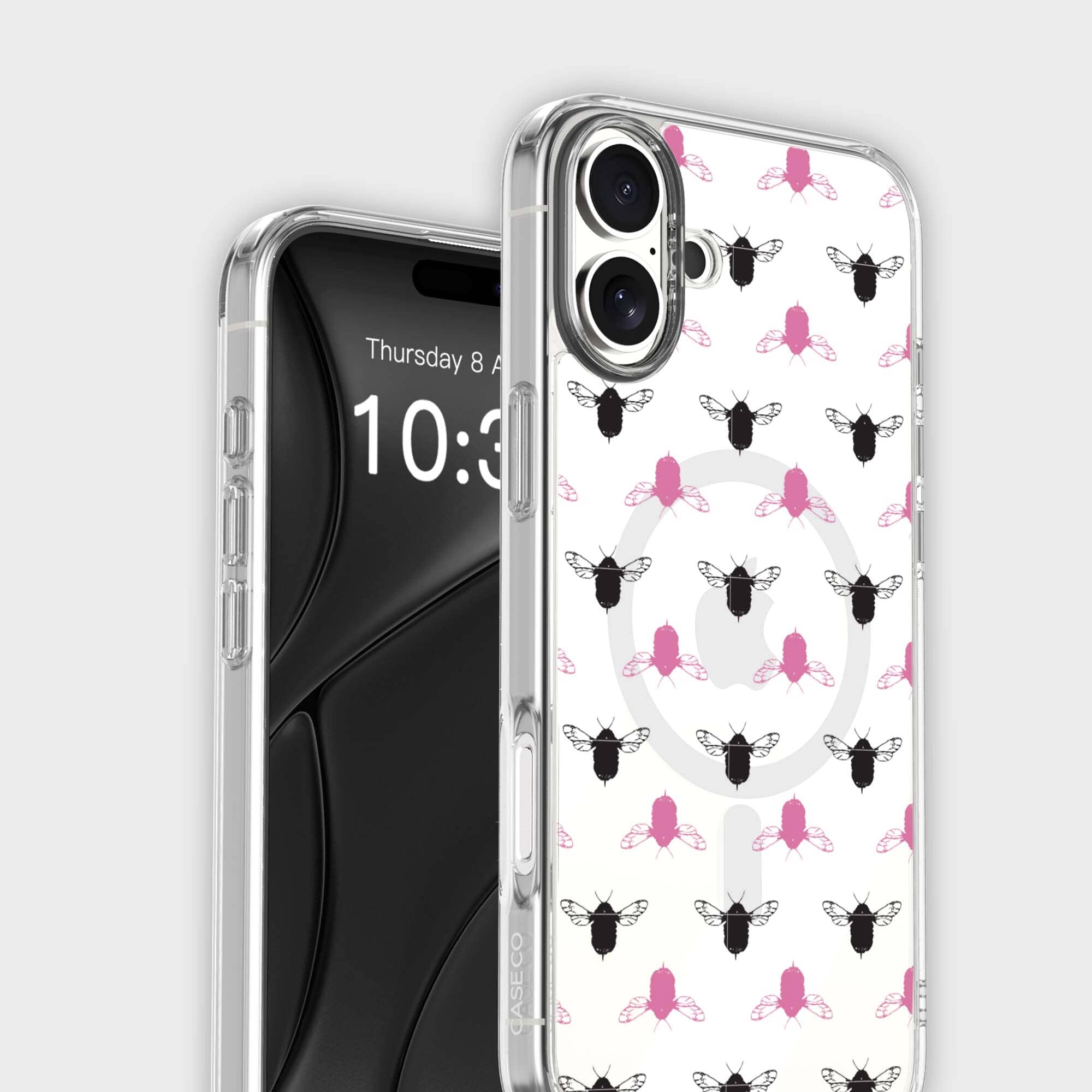 iPhone 16 Clear Case - Black and Pink Bumble Design