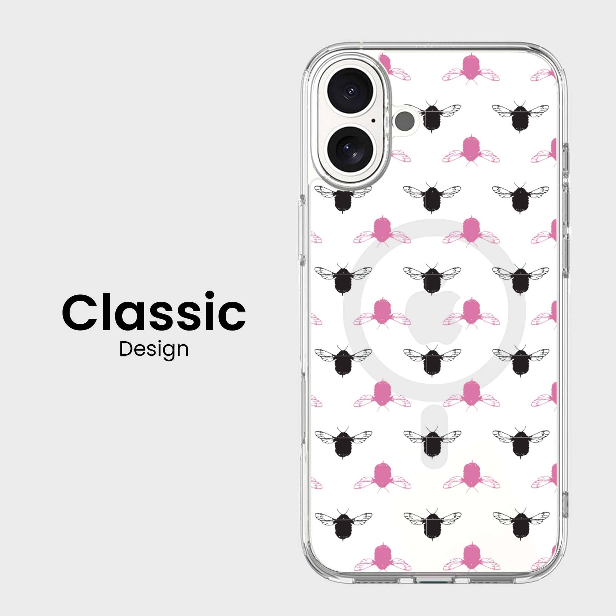 iPhone 16 Clear Case - Black and Pink Bumble Design