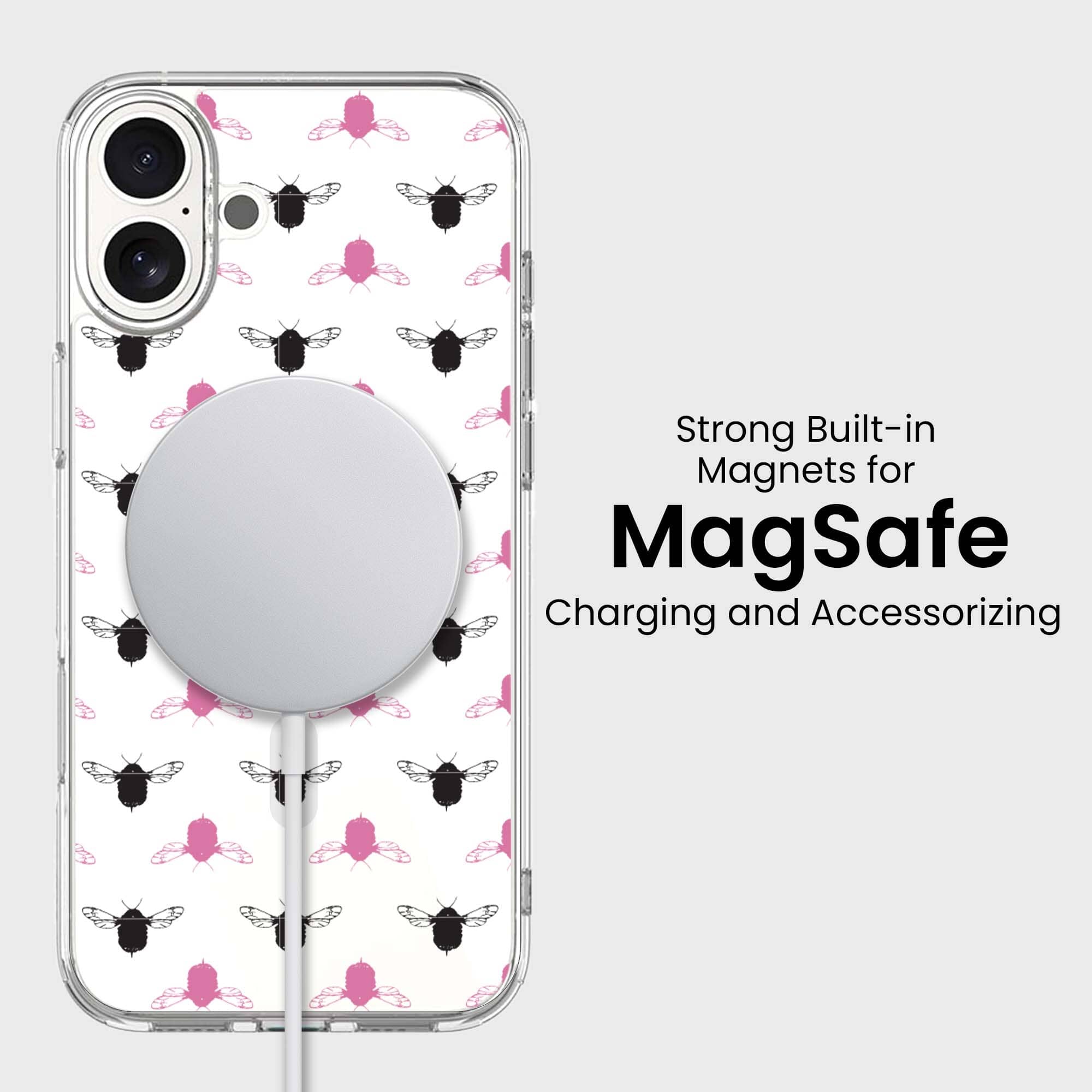 iPhone 16 Clear Case - Black and Pink Bumble Design
