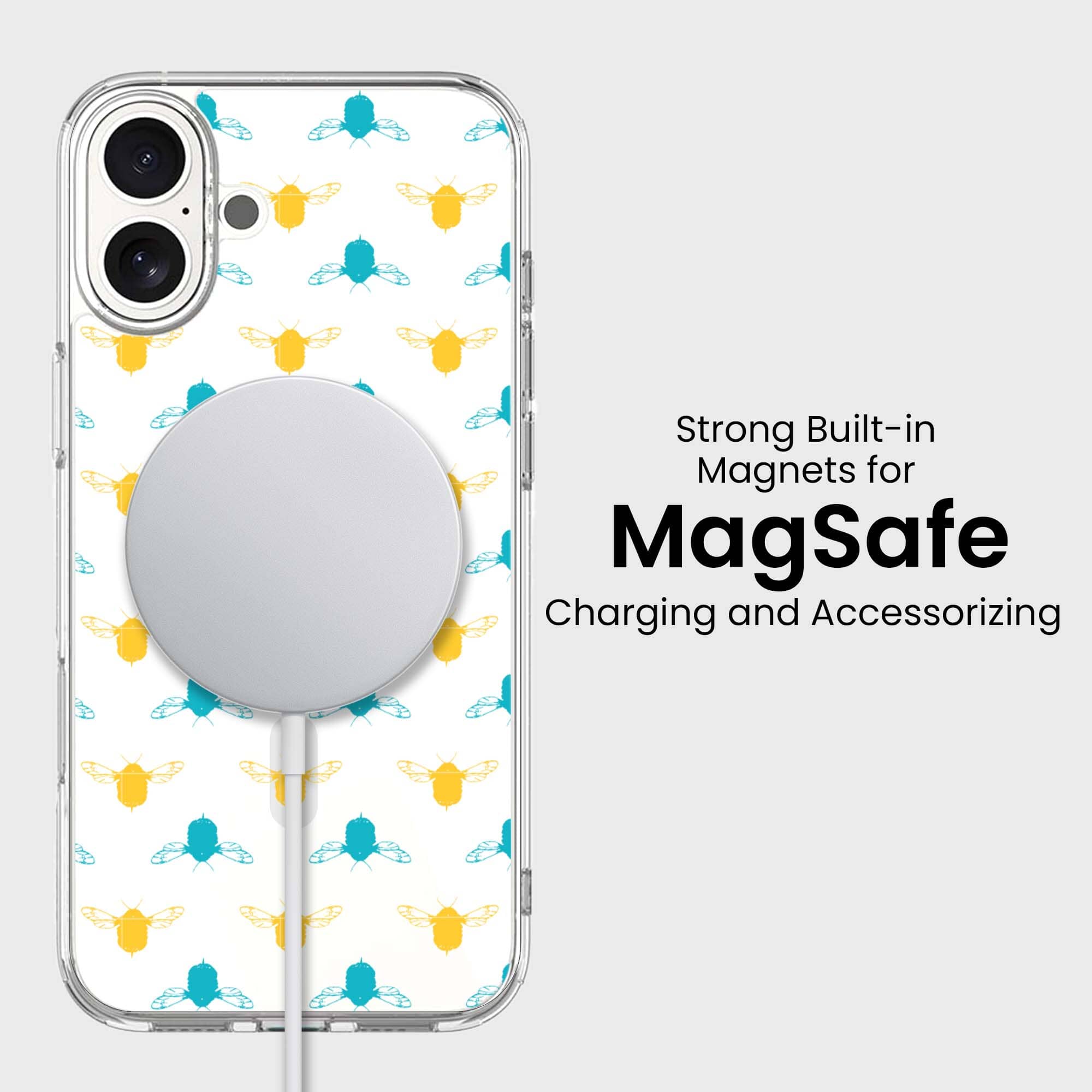 iPhone 16 Clear Case - Blue and Yellow Bumble Design