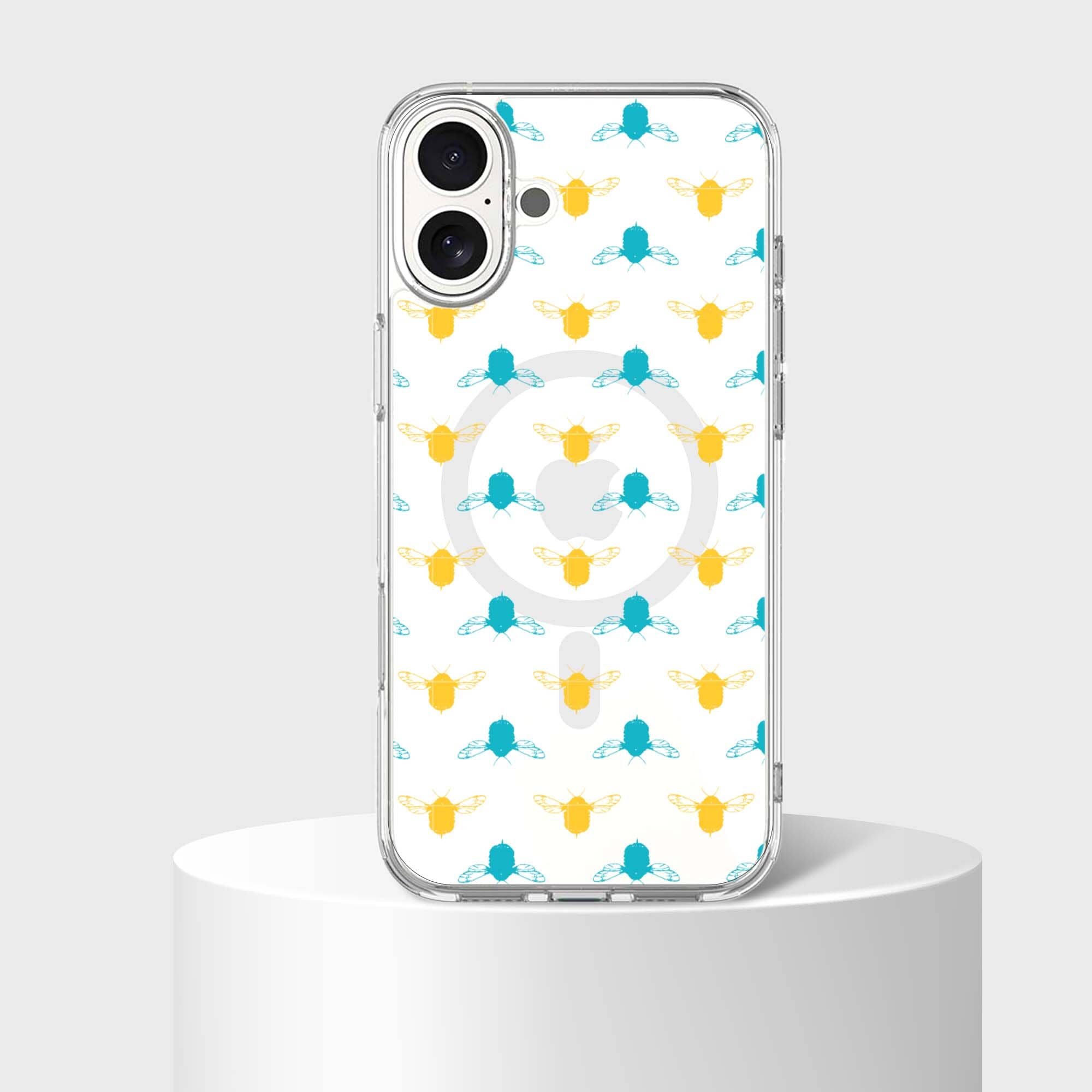 iPhone 16 Clear Case - Blue and Yellow Bumble Design