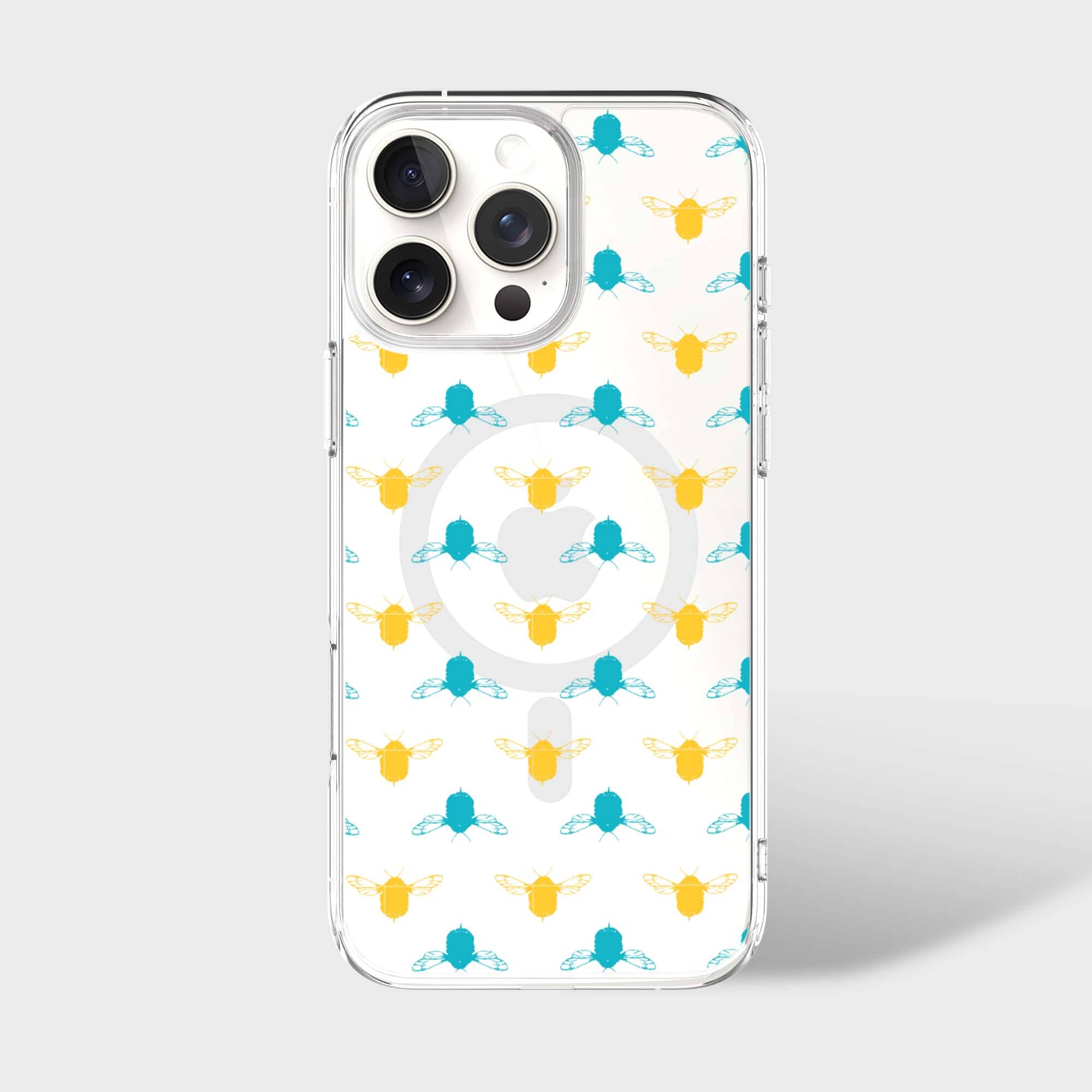 iPhone 16 Pro Max Clear Case - Blue and Yellow Bumble Design