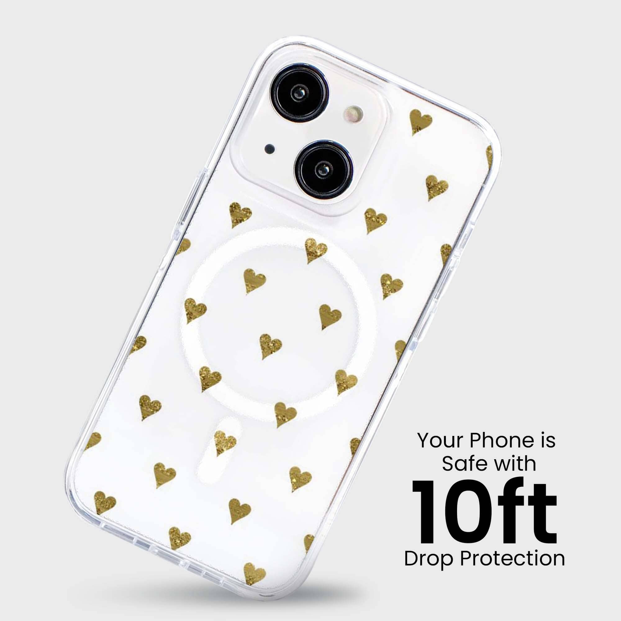 MagSafe iPhone 15 Gold Hearts Clear Case
