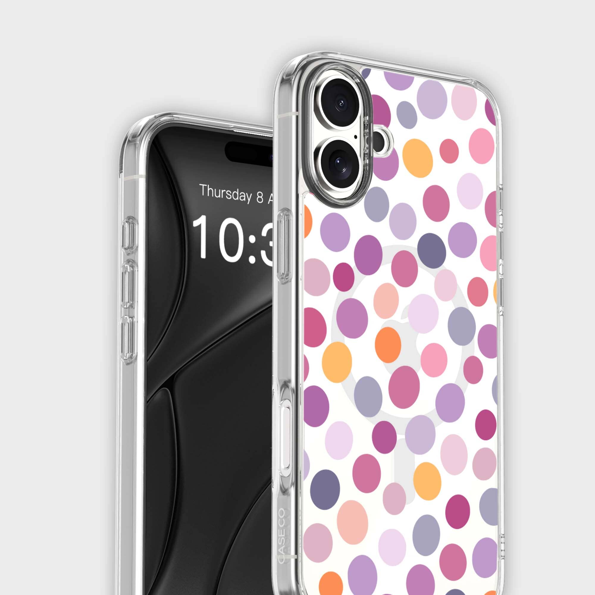 MagSafe iPhone 16 Purple Polka Dots Clear Case
