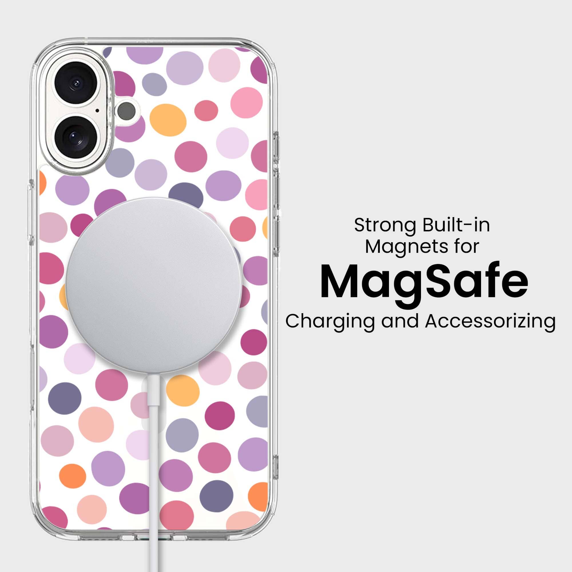 MagSafe iPhone 16 Purple Polka Dots Clear Case