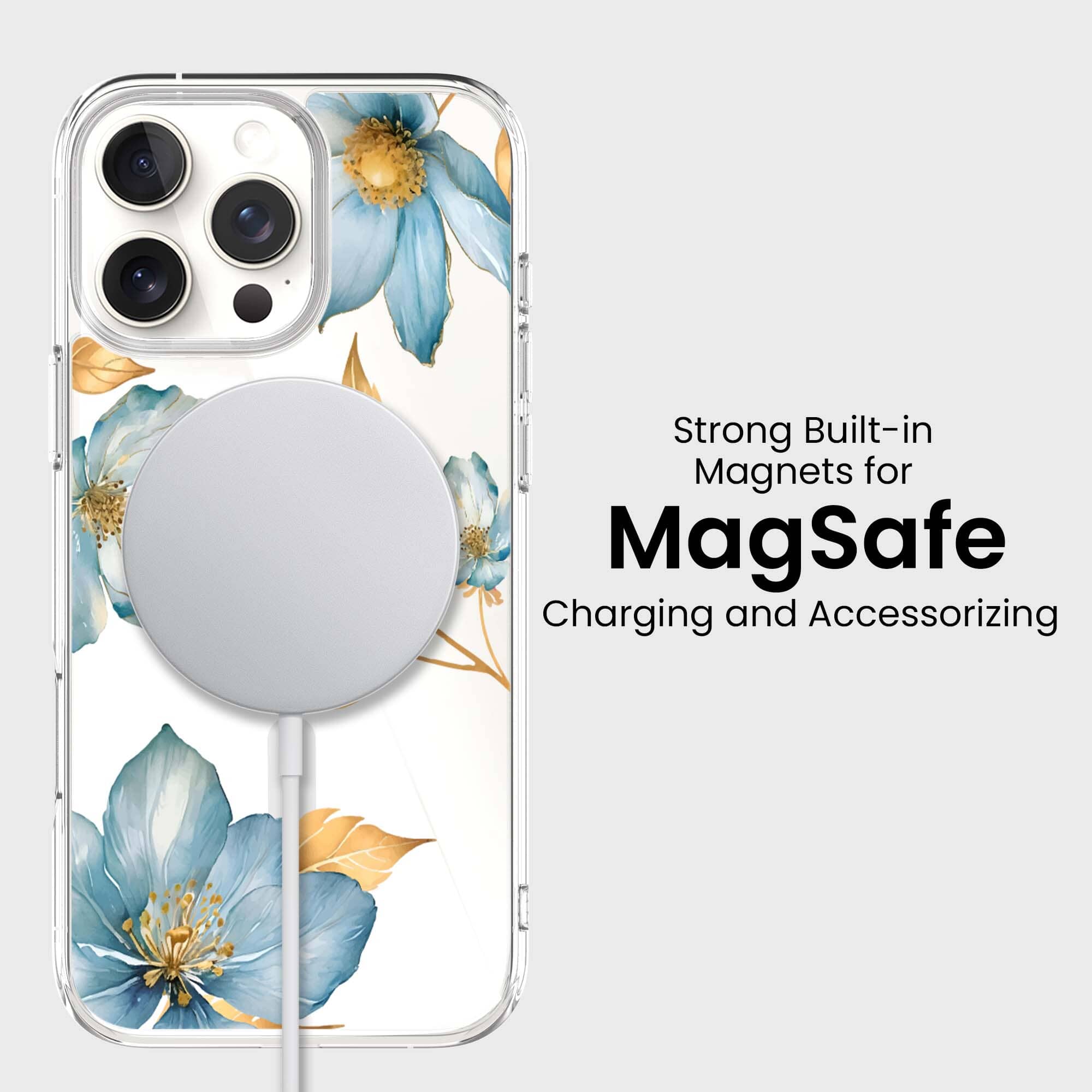 MagSafe iPhone 16 Pro Max Blue Wildflower Clear Case
