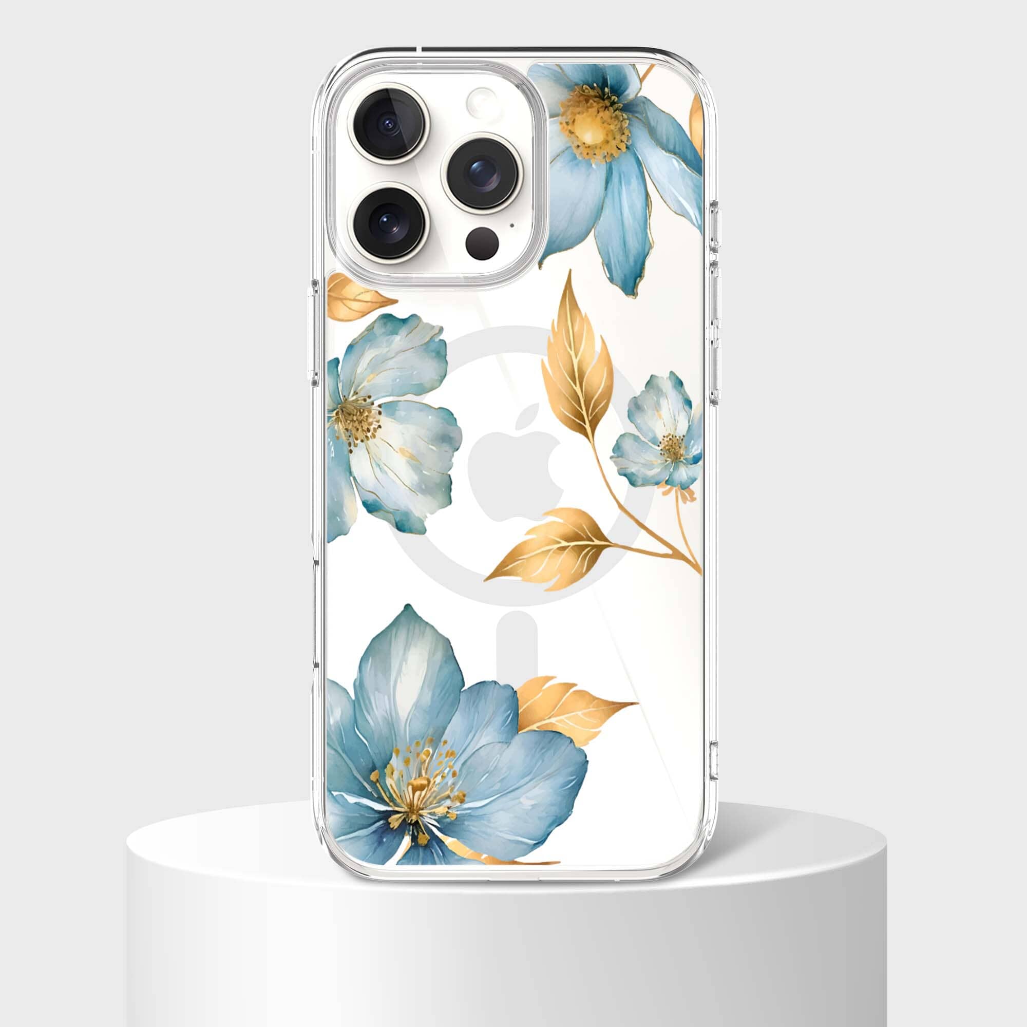 MagSafe iPhone 16 Pro Max Blue Wildflower Clear Case