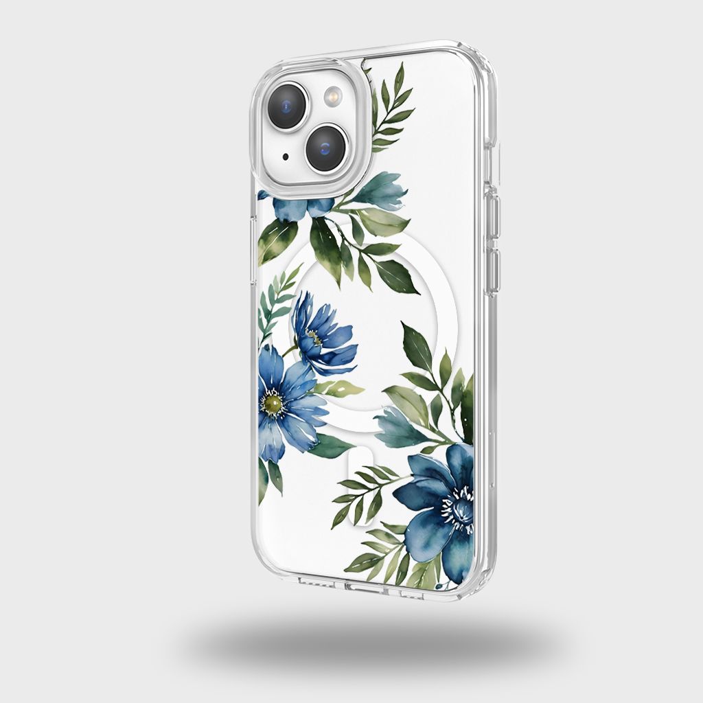 MagSafe iPhone 15 Blue Floral Clear Case