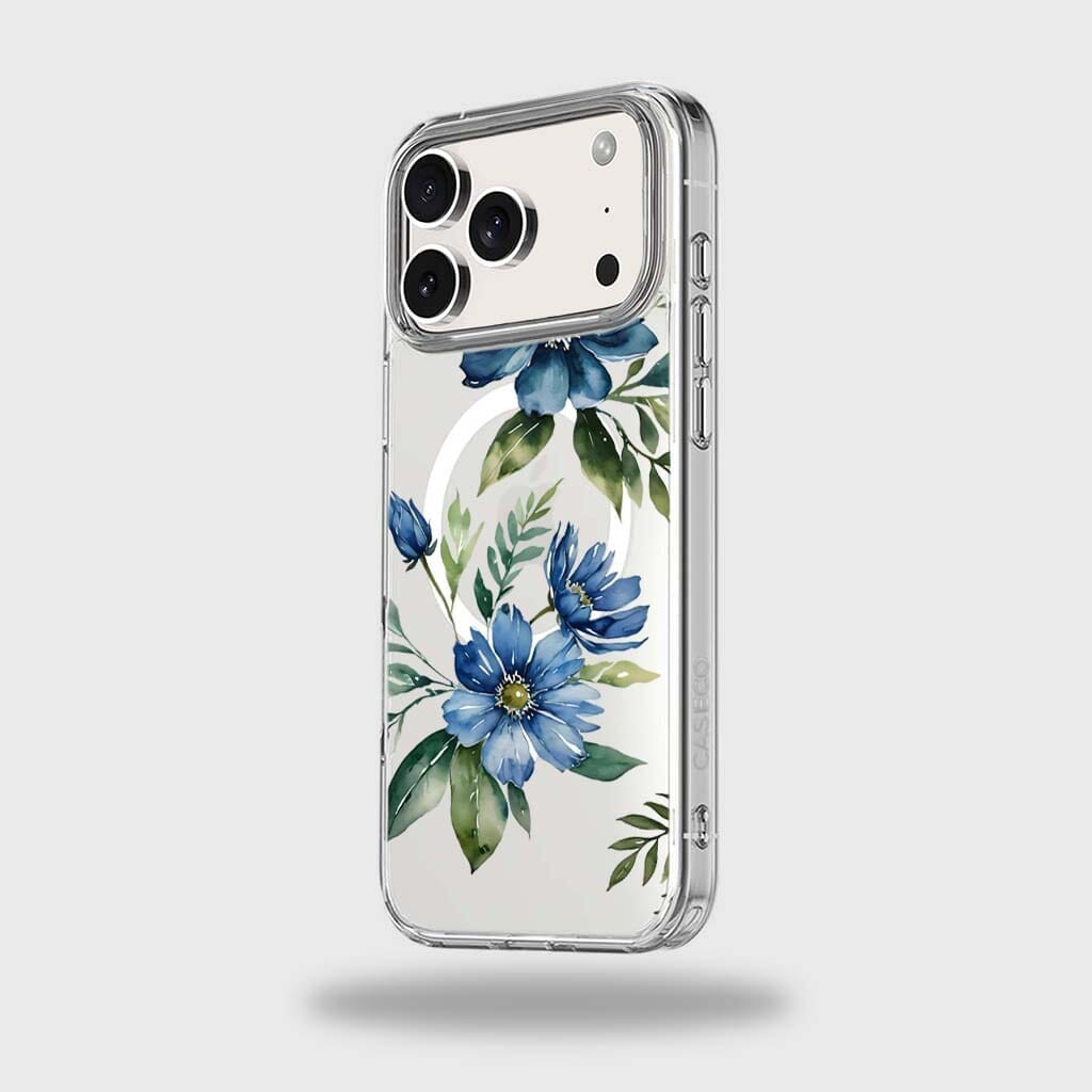 MagSafe iPhone 17 Pro Blue Floral Clear Case