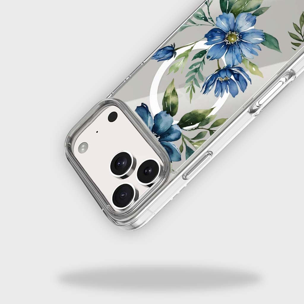 MagSafe iPhone 17 Pro Blue Floral Clear Case