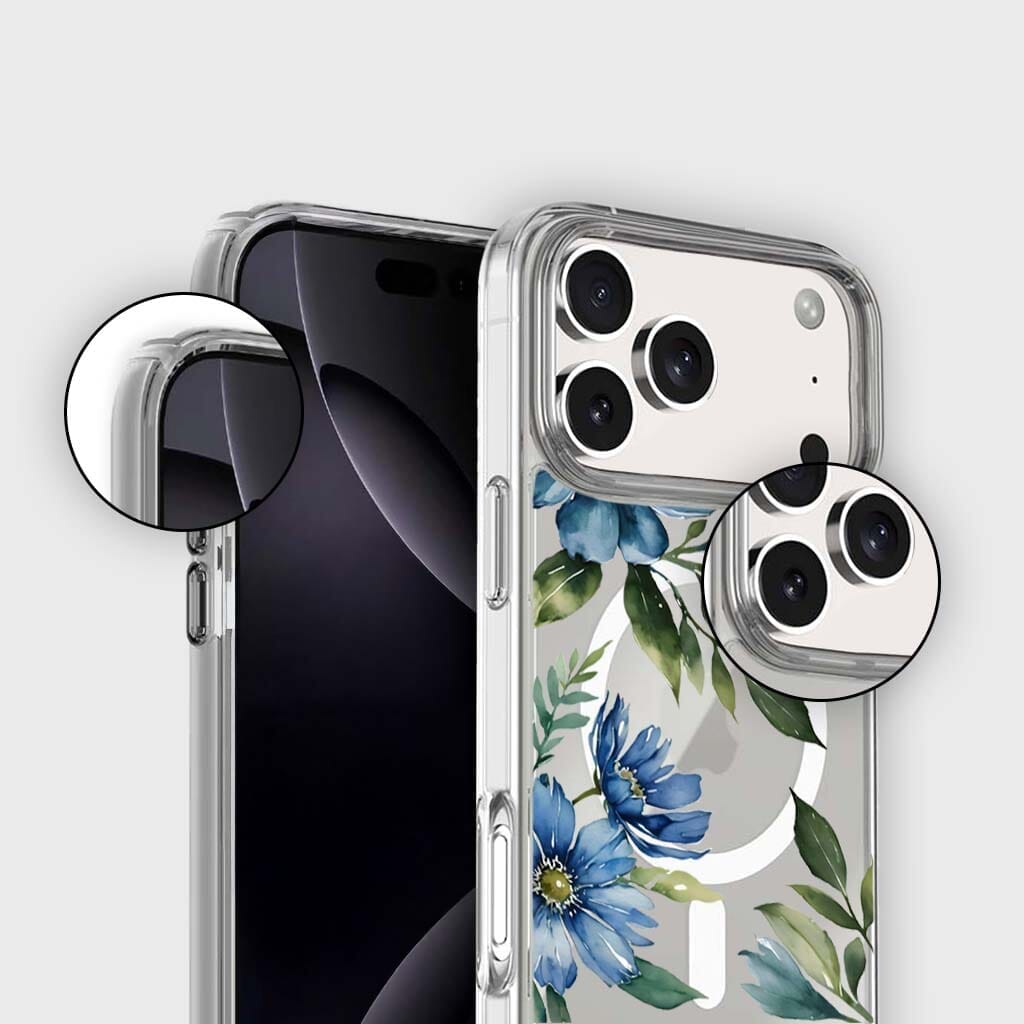 MagSafe iPhone 17 Pro Blue Floral Clear Case