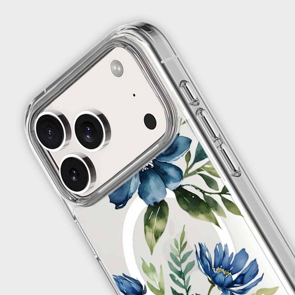 MagSafe iPhone 17 Pro Blue Floral Clear Case