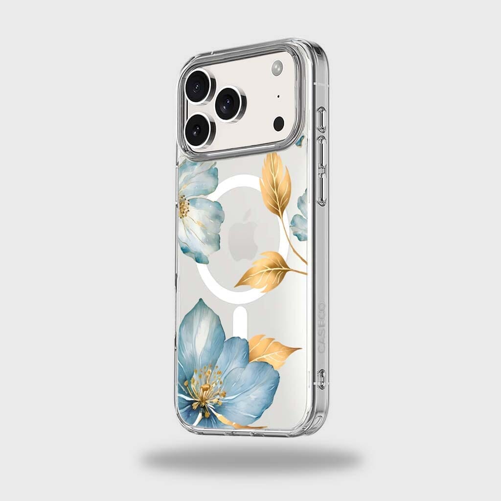 MagSafe iPhone 17 Pro Max Blue Wildflower Clear Case