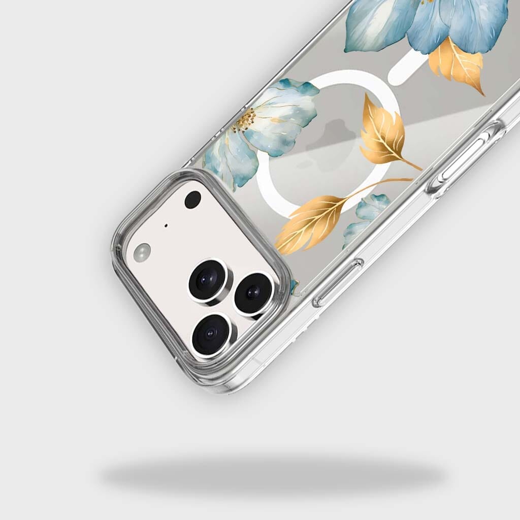 MagSafe iPhone 17 Pro Max Blue Wildflower Clear Case