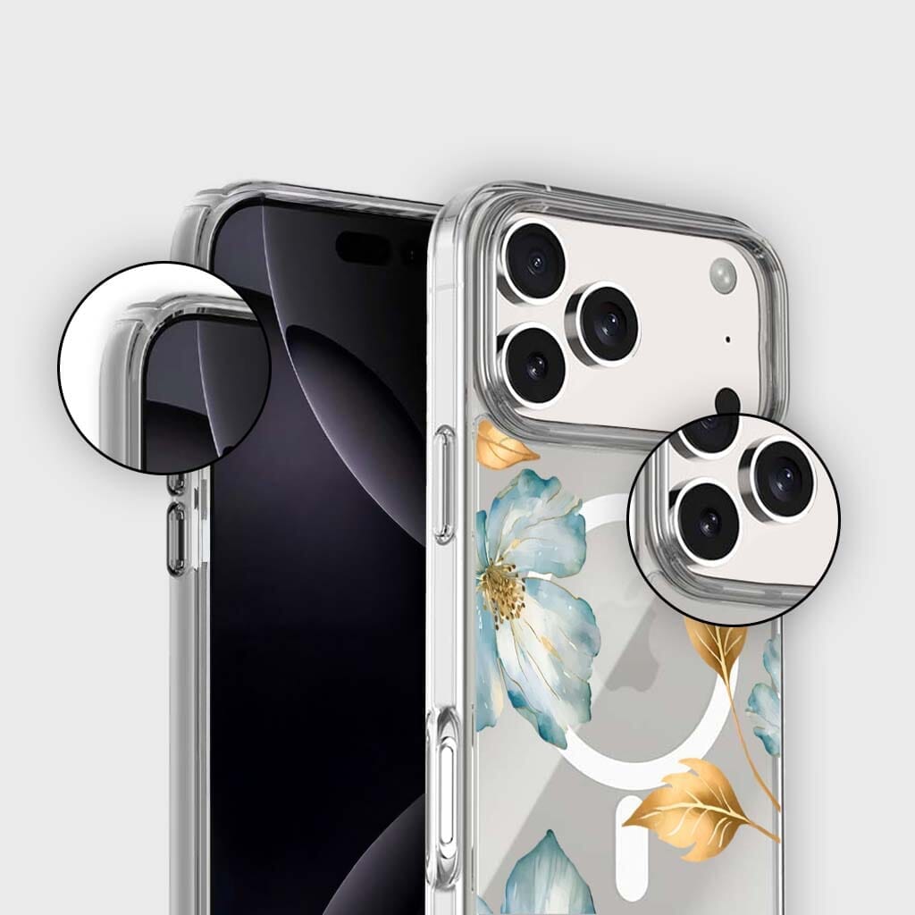 MagSafe iPhone 17 Pro Max Blue Wildflower Clear Case