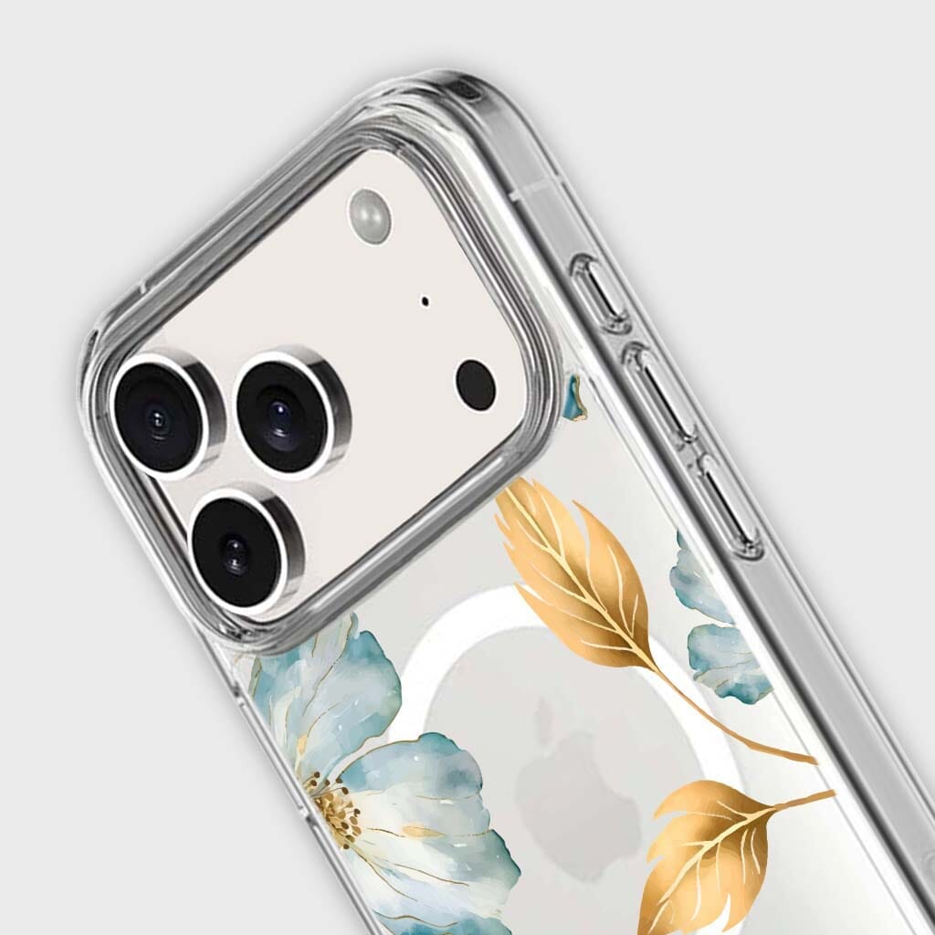 MagSafe iPhone 17 Pro Max Blue Wildflower Clear Case