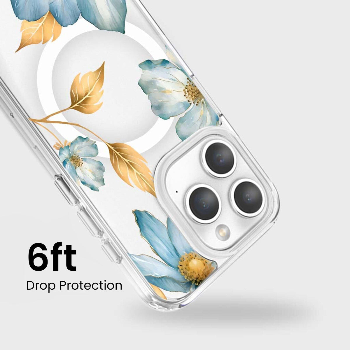 MagSafe iPhone 15 Pro Blue Wildflower Clear Case