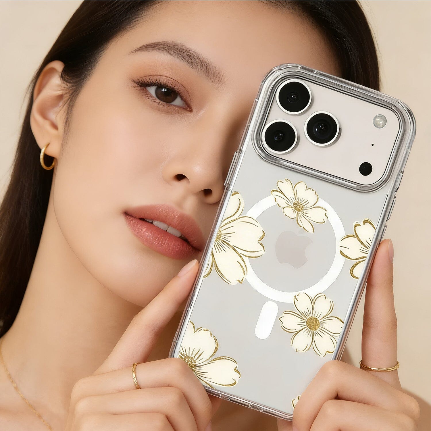 MagSafe iPhone 17 Pro Gold Flower Clear Case